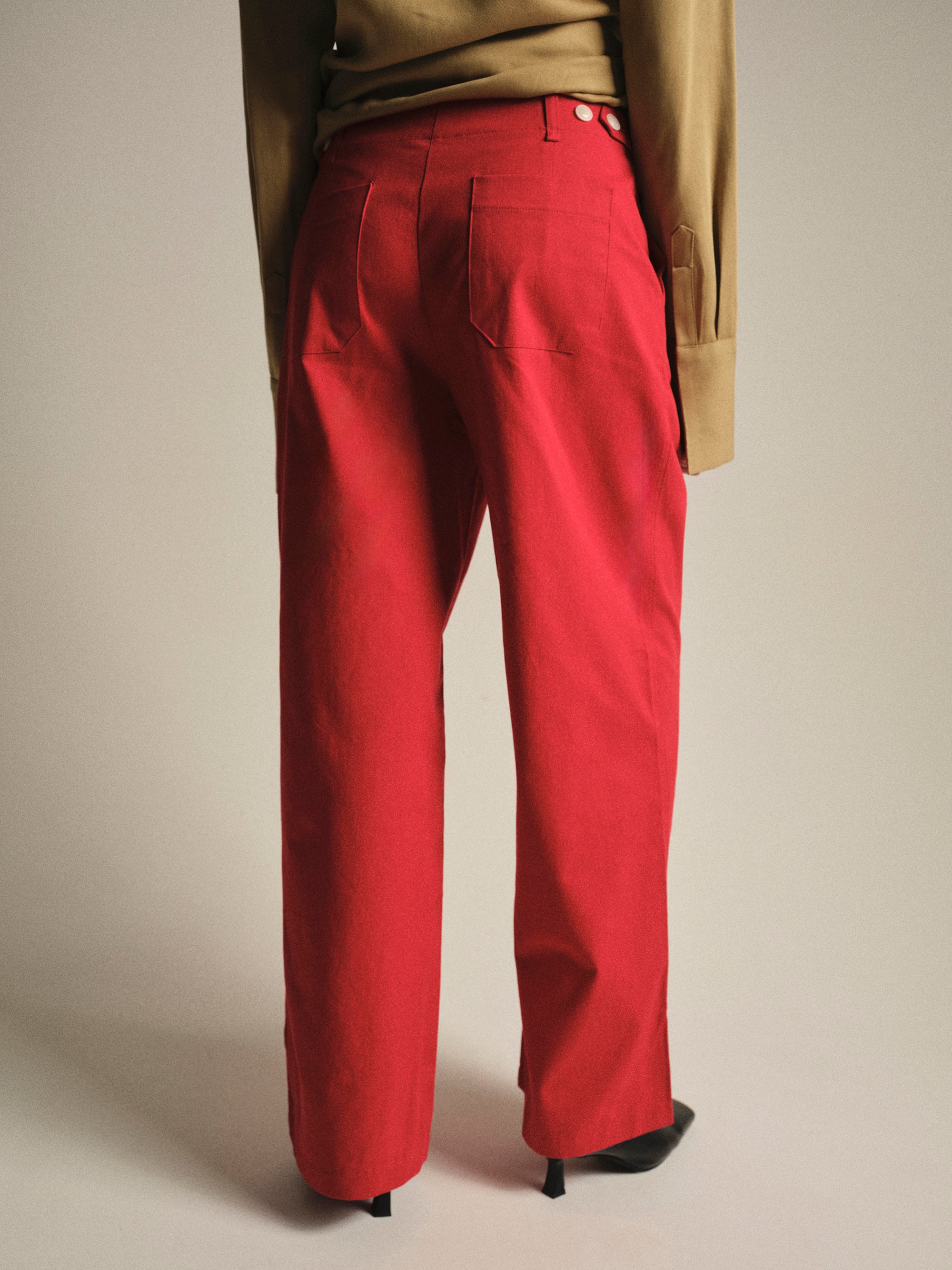 Buttoned Hem Cotton Pants, Red