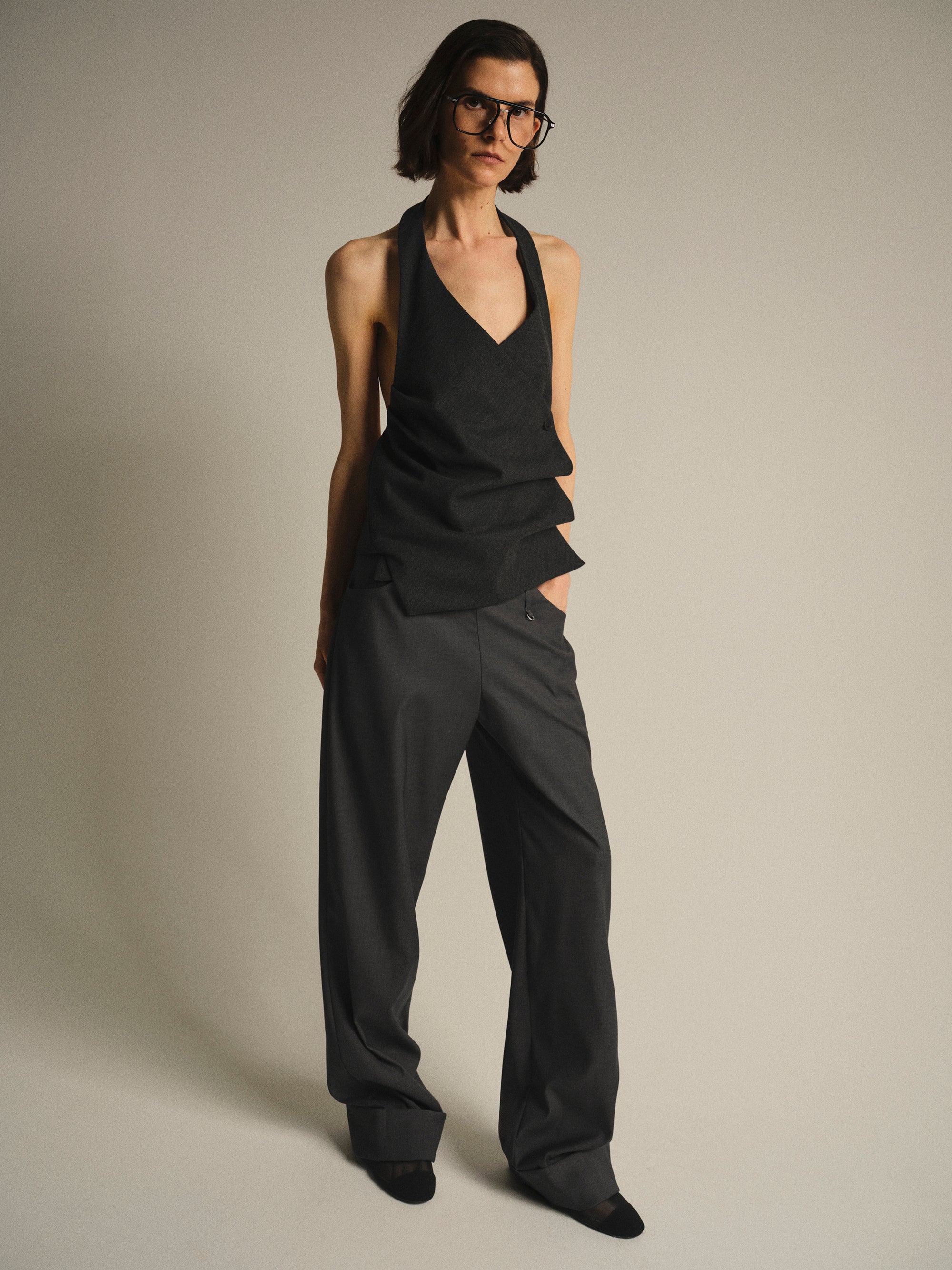 Tiered Button Halter Top, Charcoal