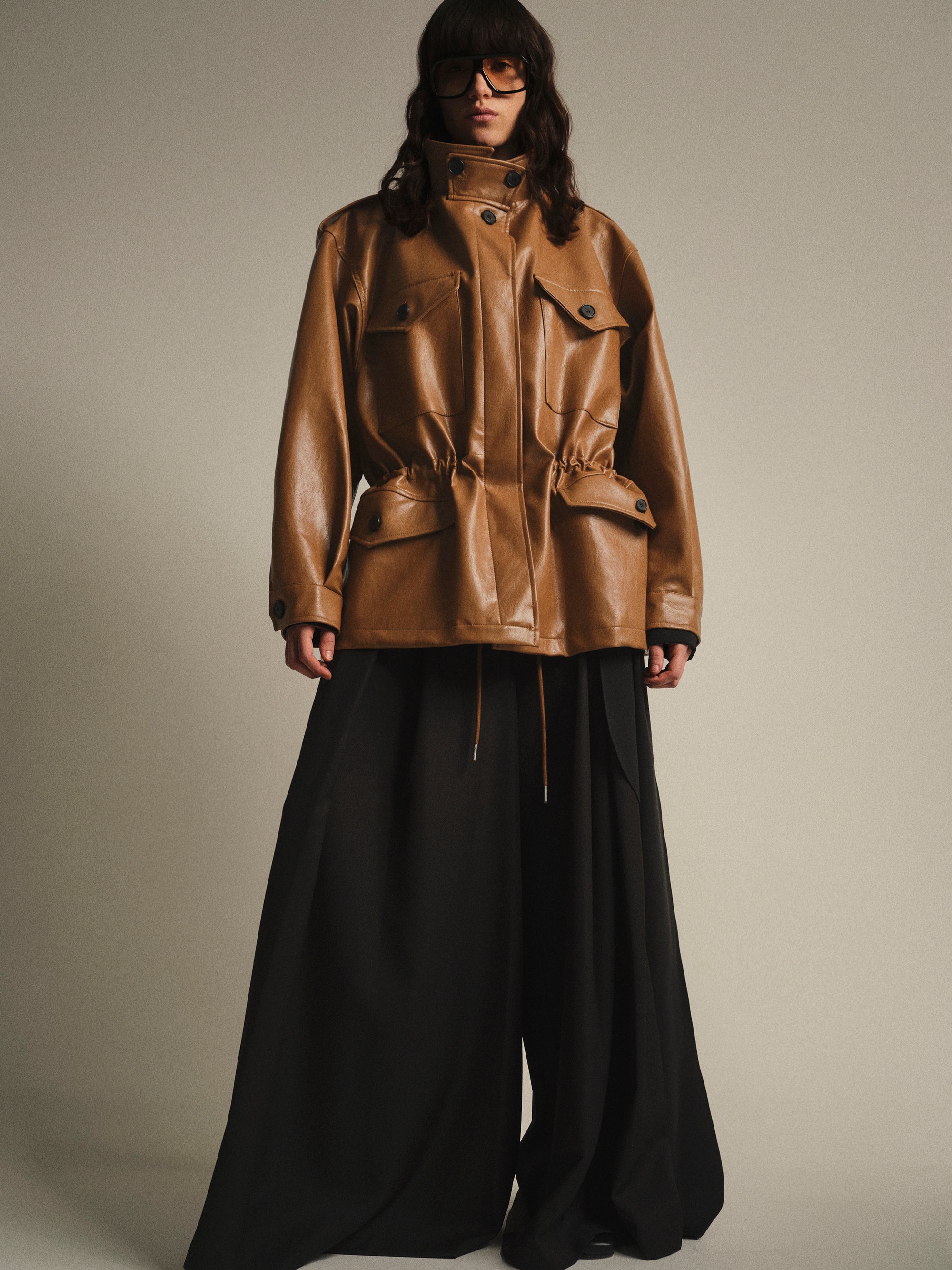 Ferro High-Neck Faux-Leather Field Jacket, Brown