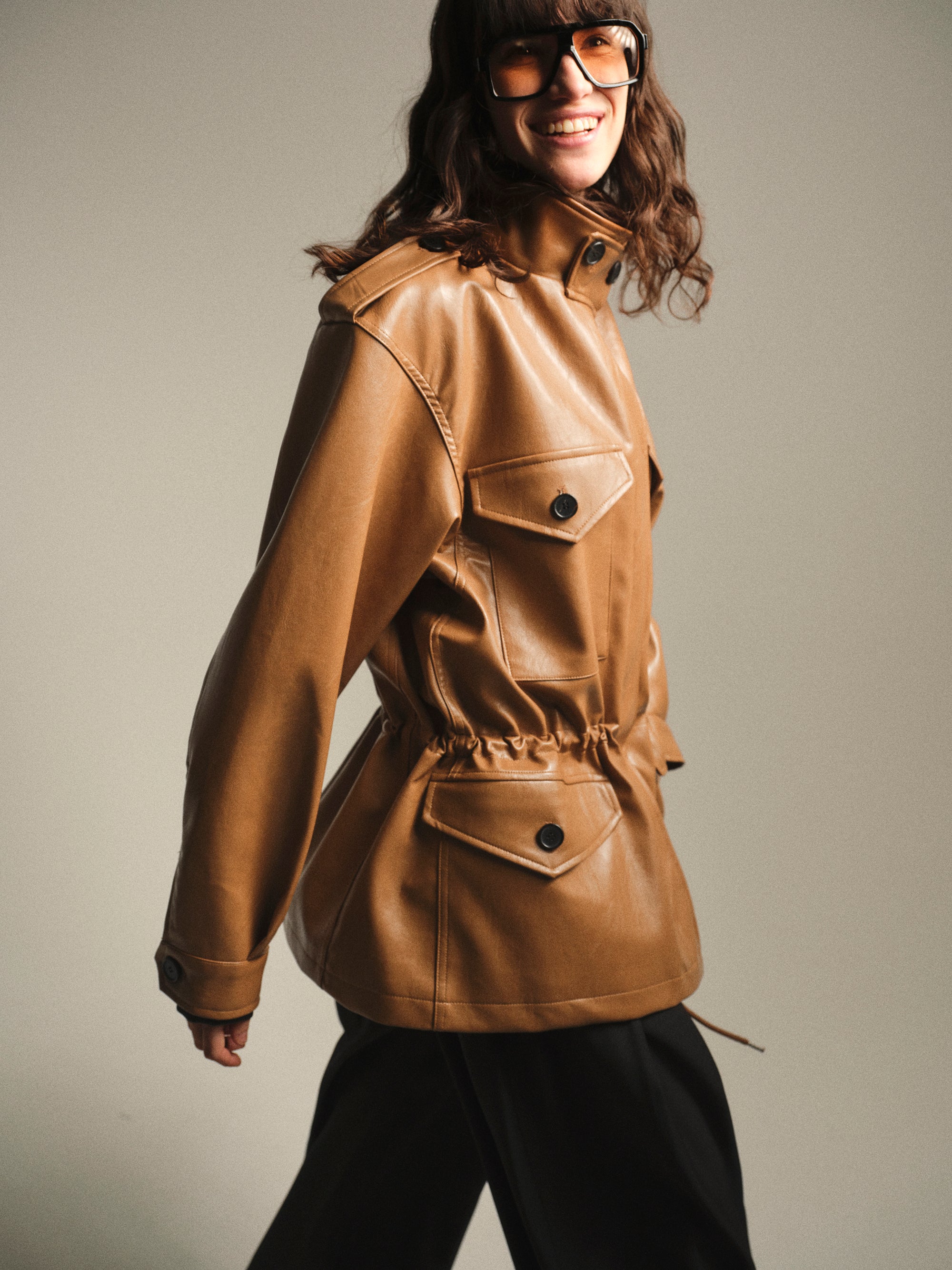 Ferro High-Neck Faux-Leather Field Jacket, Brown