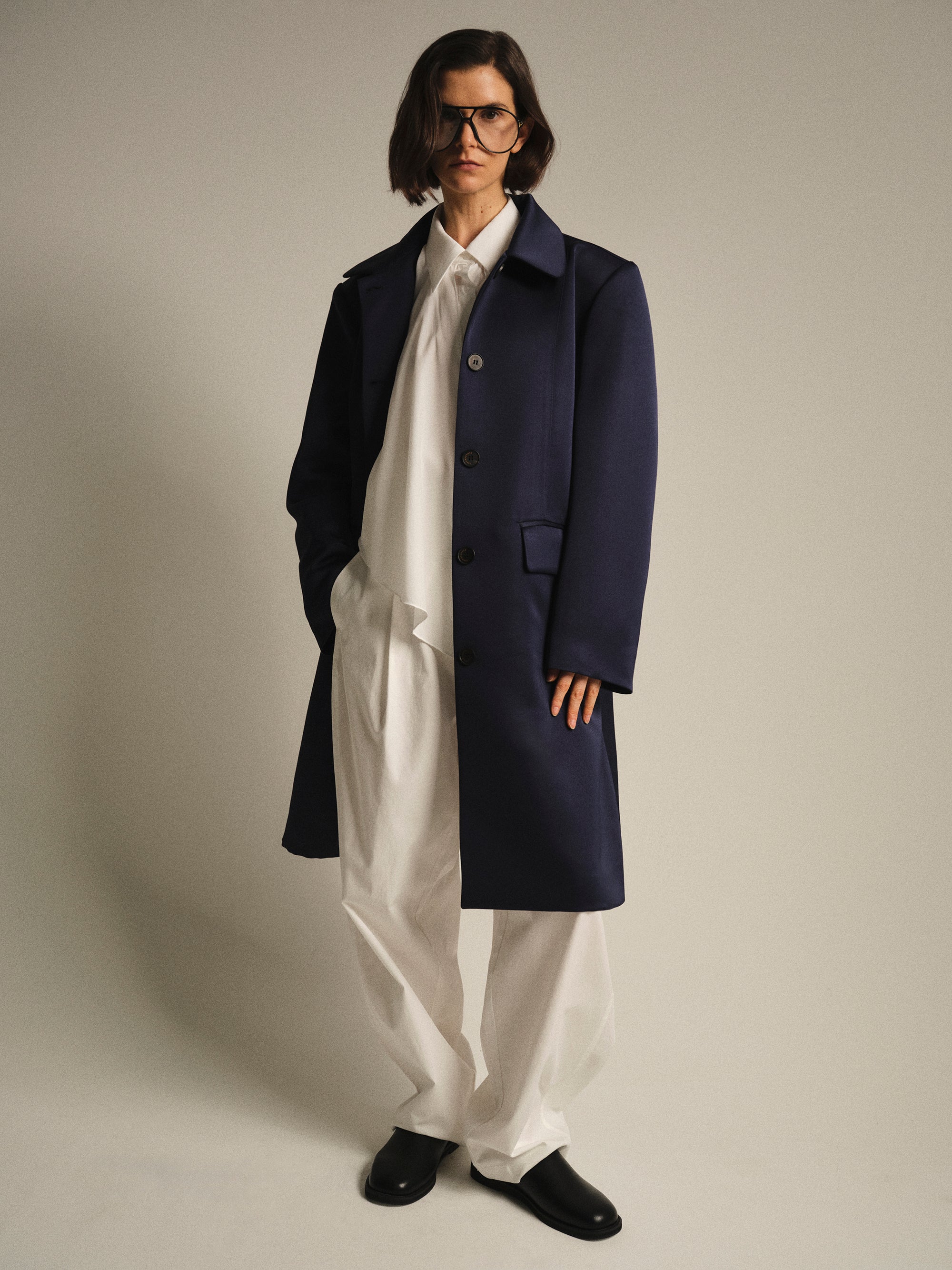 Single-Breasted Satin Coat, Navy