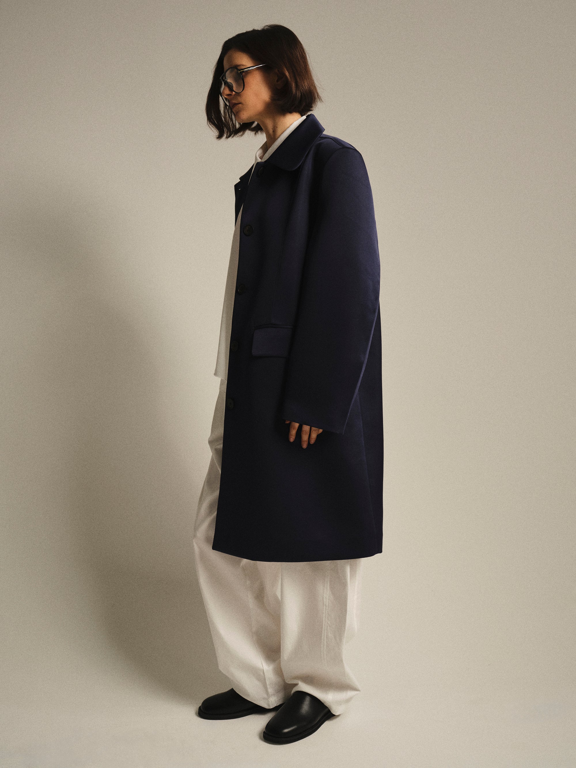 Single-Breasted Satin Coat, Navy