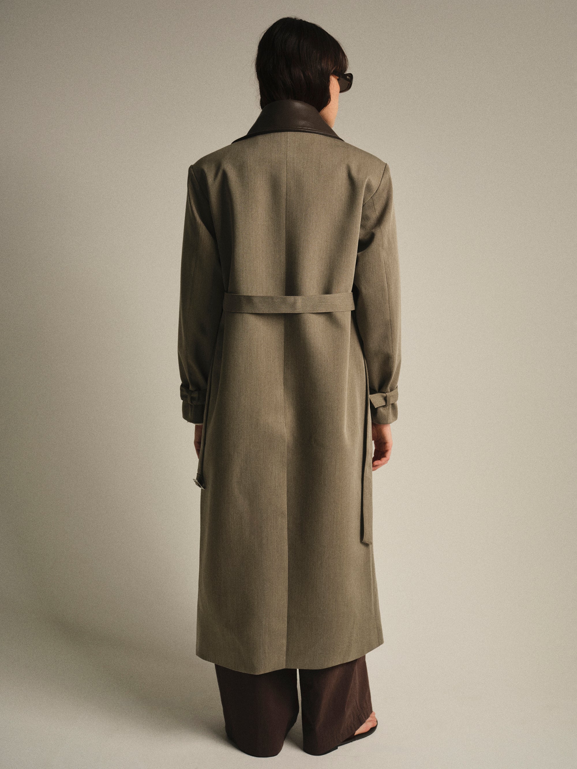Faux-Leather Collar Long Coat, Brown