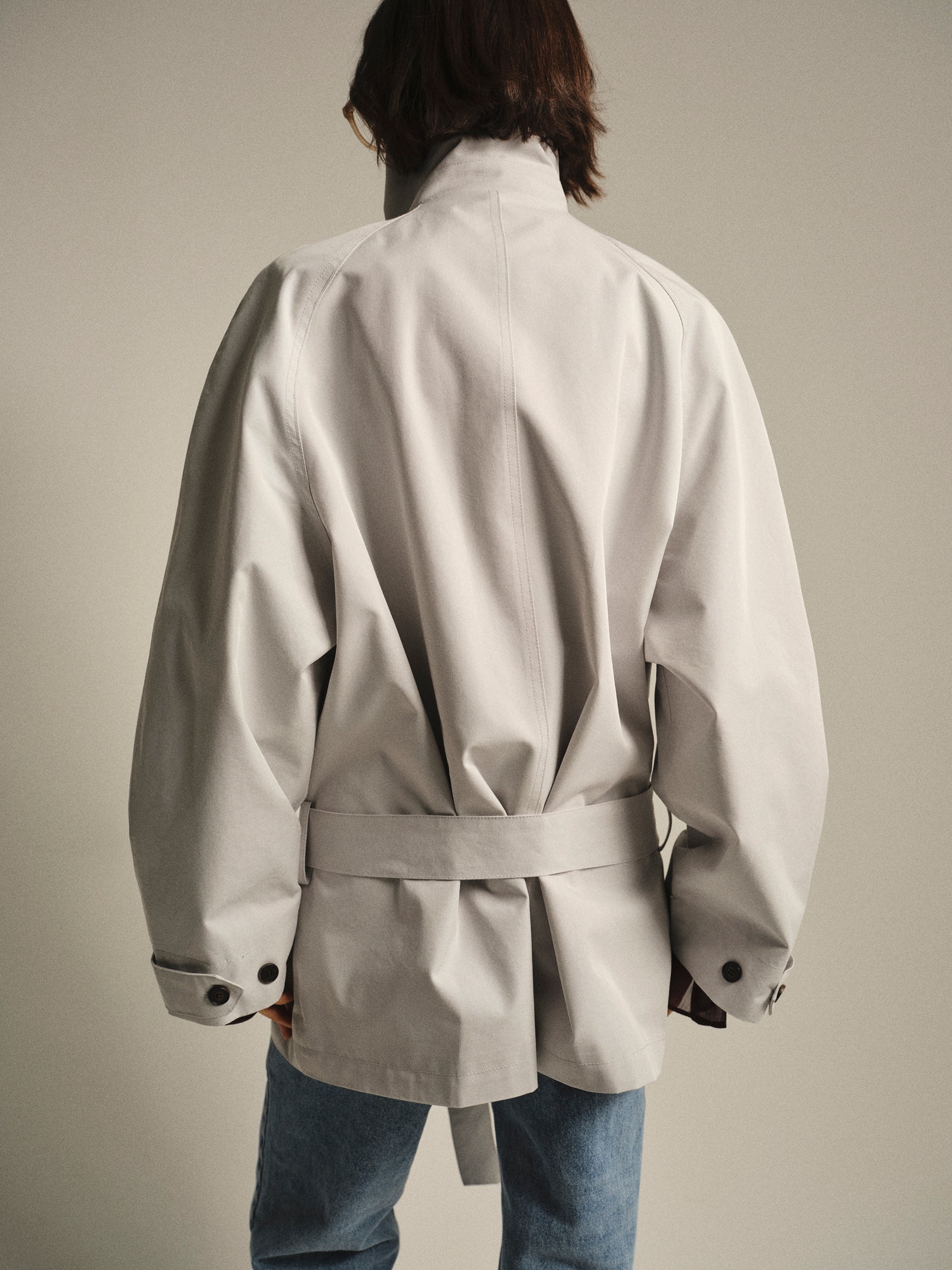 Belted Short Trench Jacket, Pale Blue