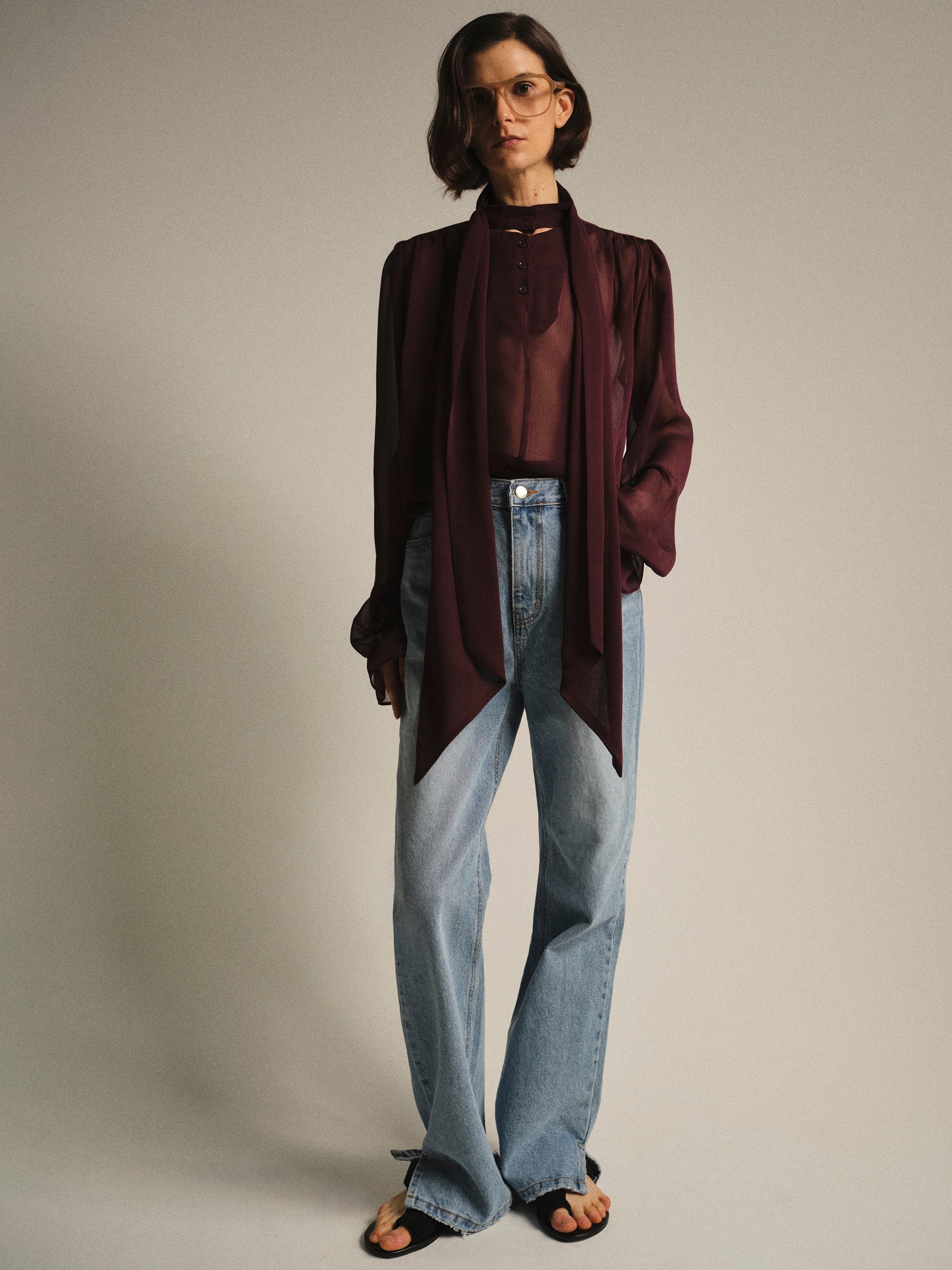 Semi-Sheer Tie Blouse, Wine