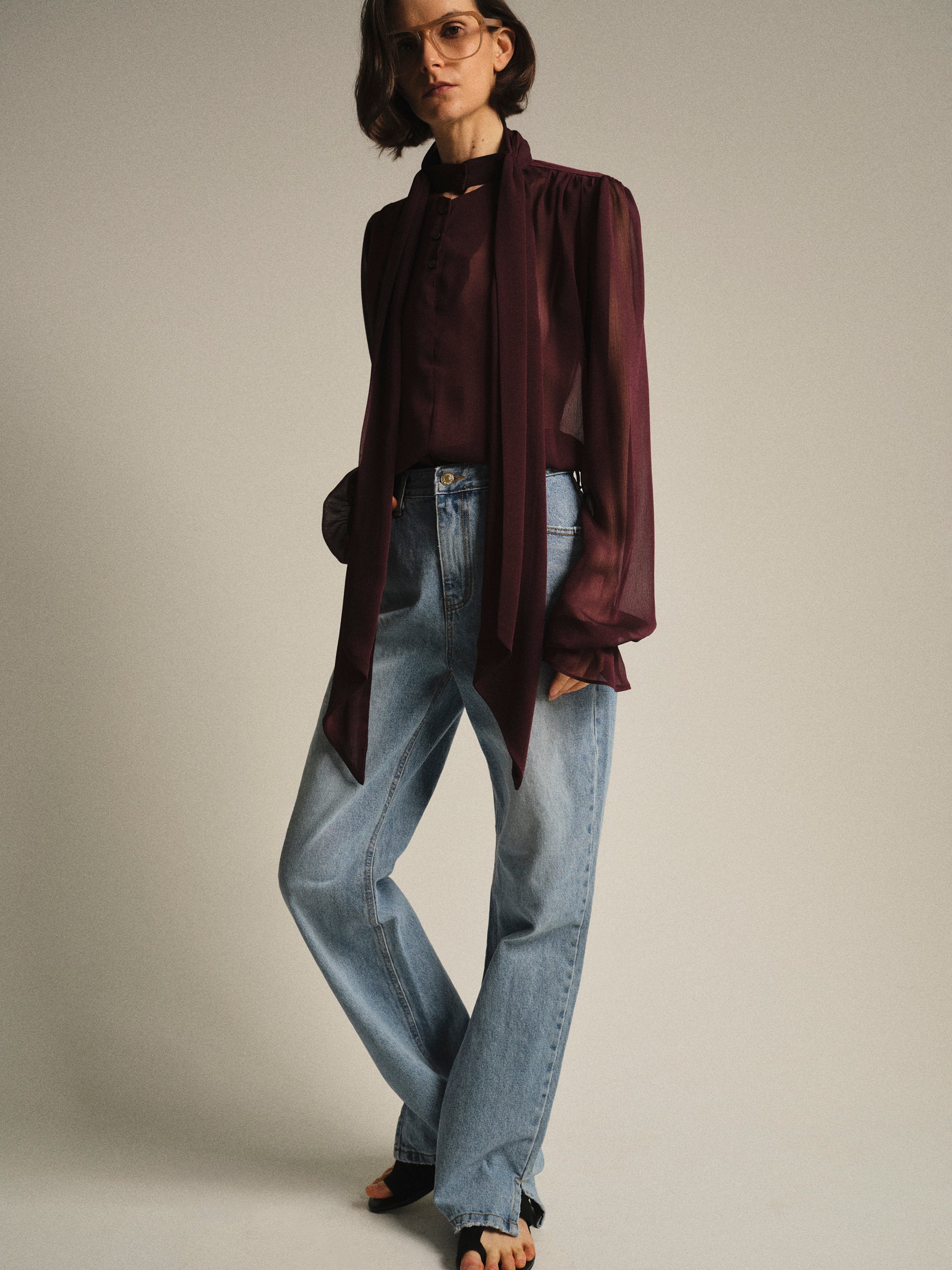 Semi-Sheer Tie Blouse, Wine