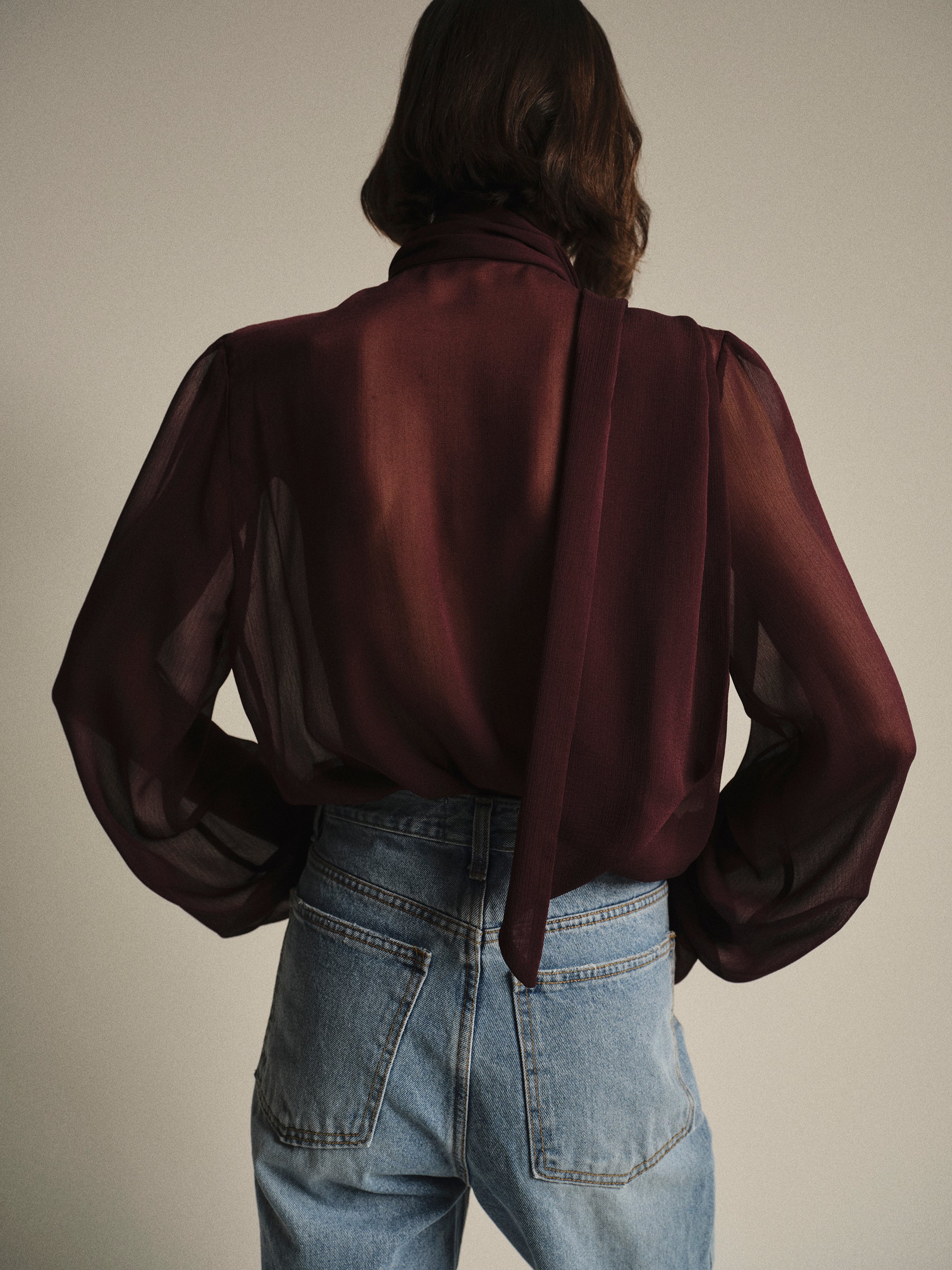 Semi-Sheer Tie Blouse, Wine