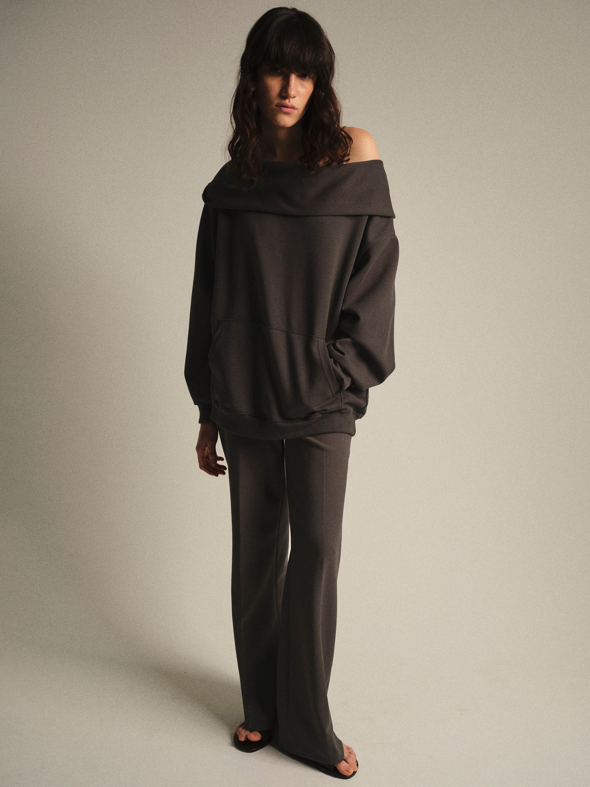 Foldover Hoodie Sweatshirt, Brown