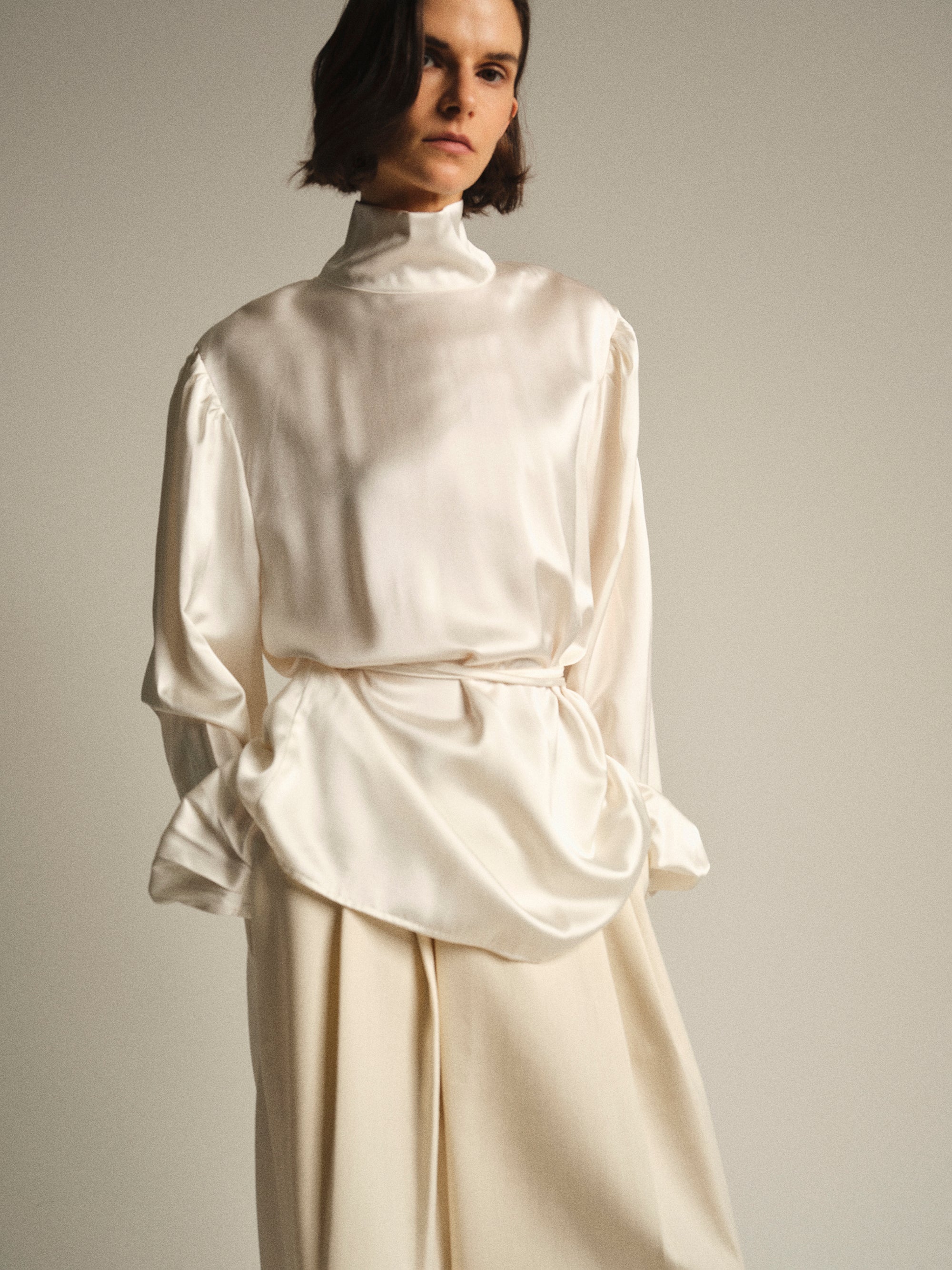 Eben Draped Satin High-Neck Blouse, Ivory
