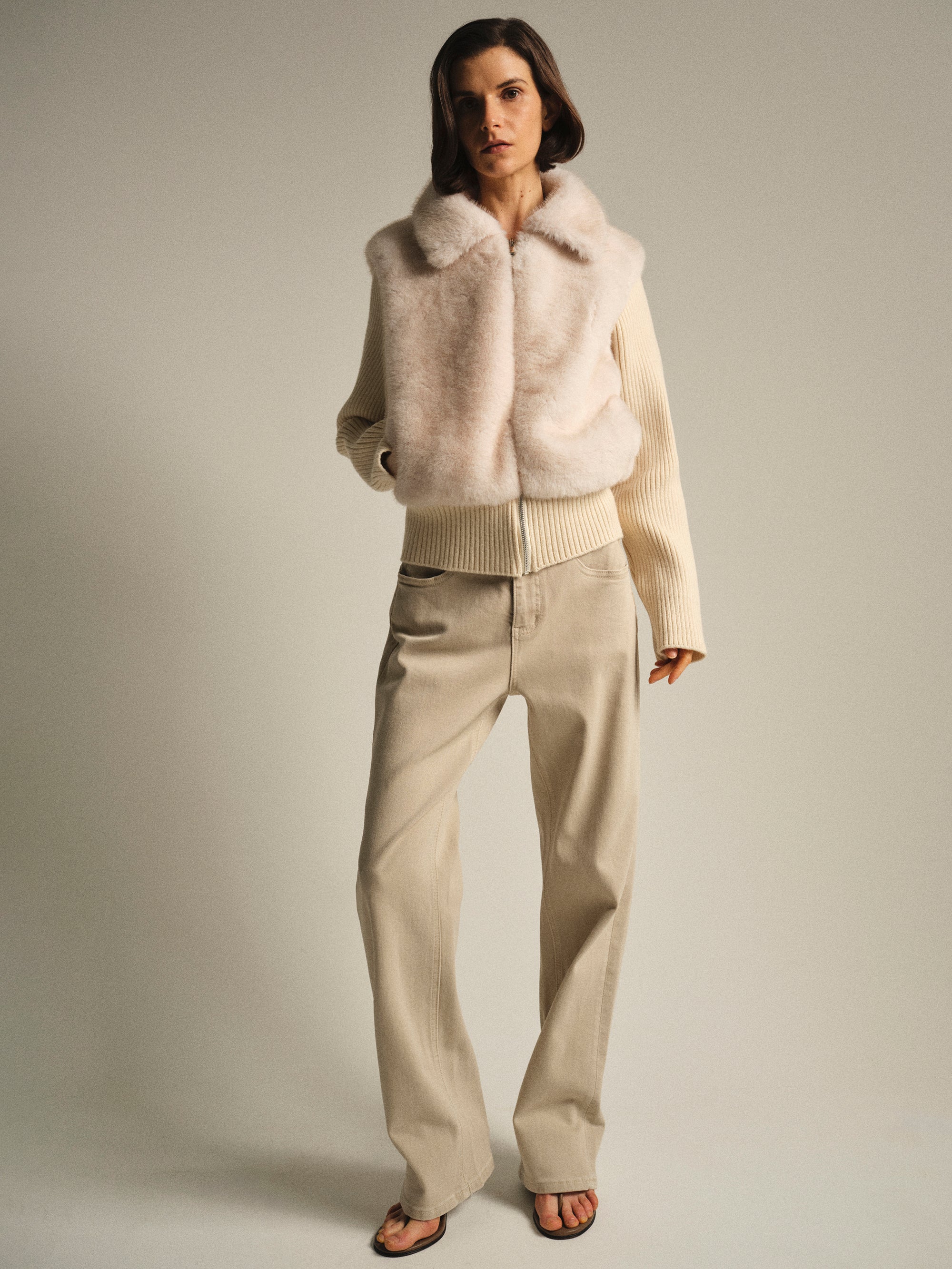 Faux-Fur Panel Zip Cardigan, Cream