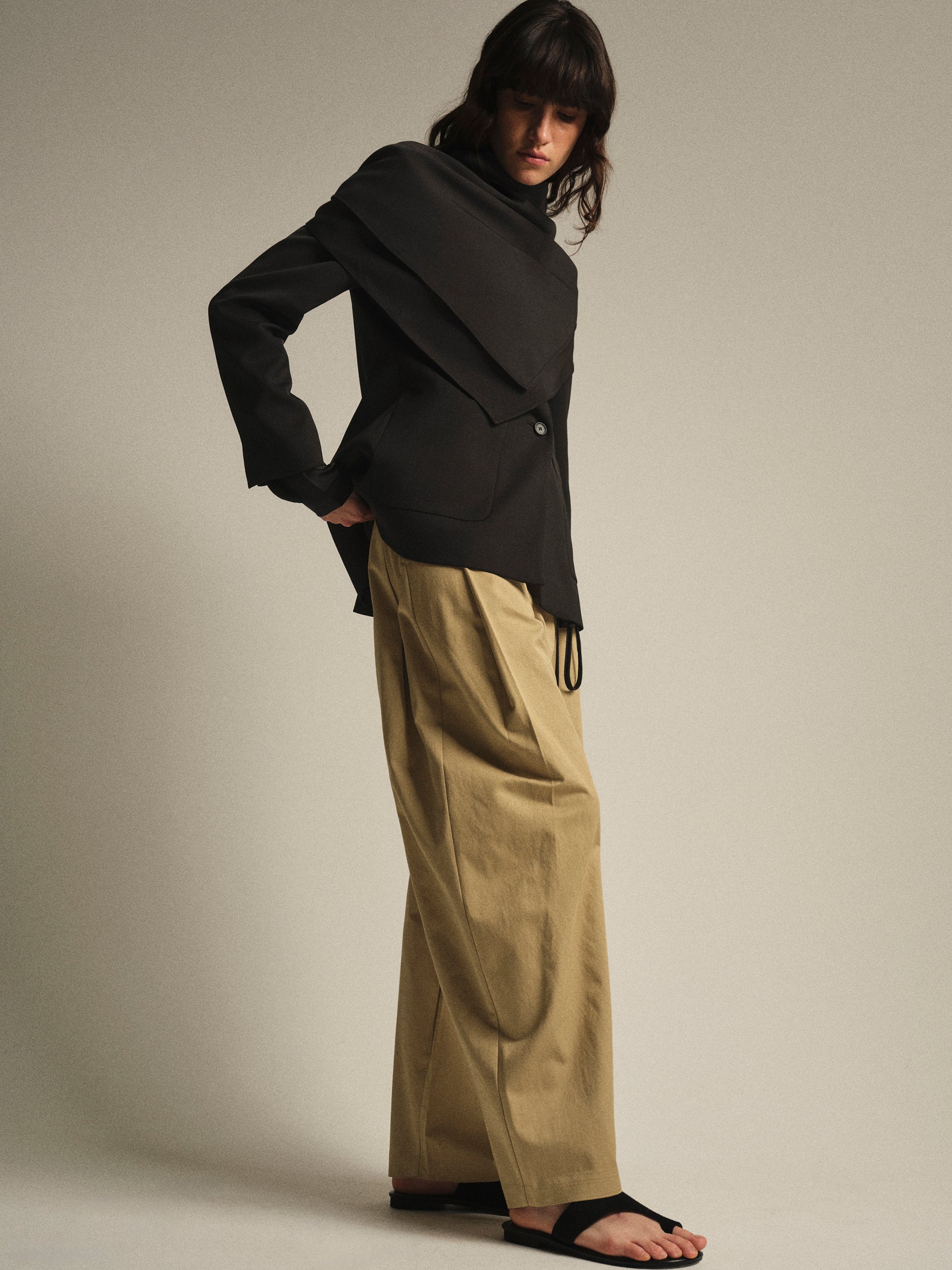 Pintuck Wide-Leg Trousers, Beige