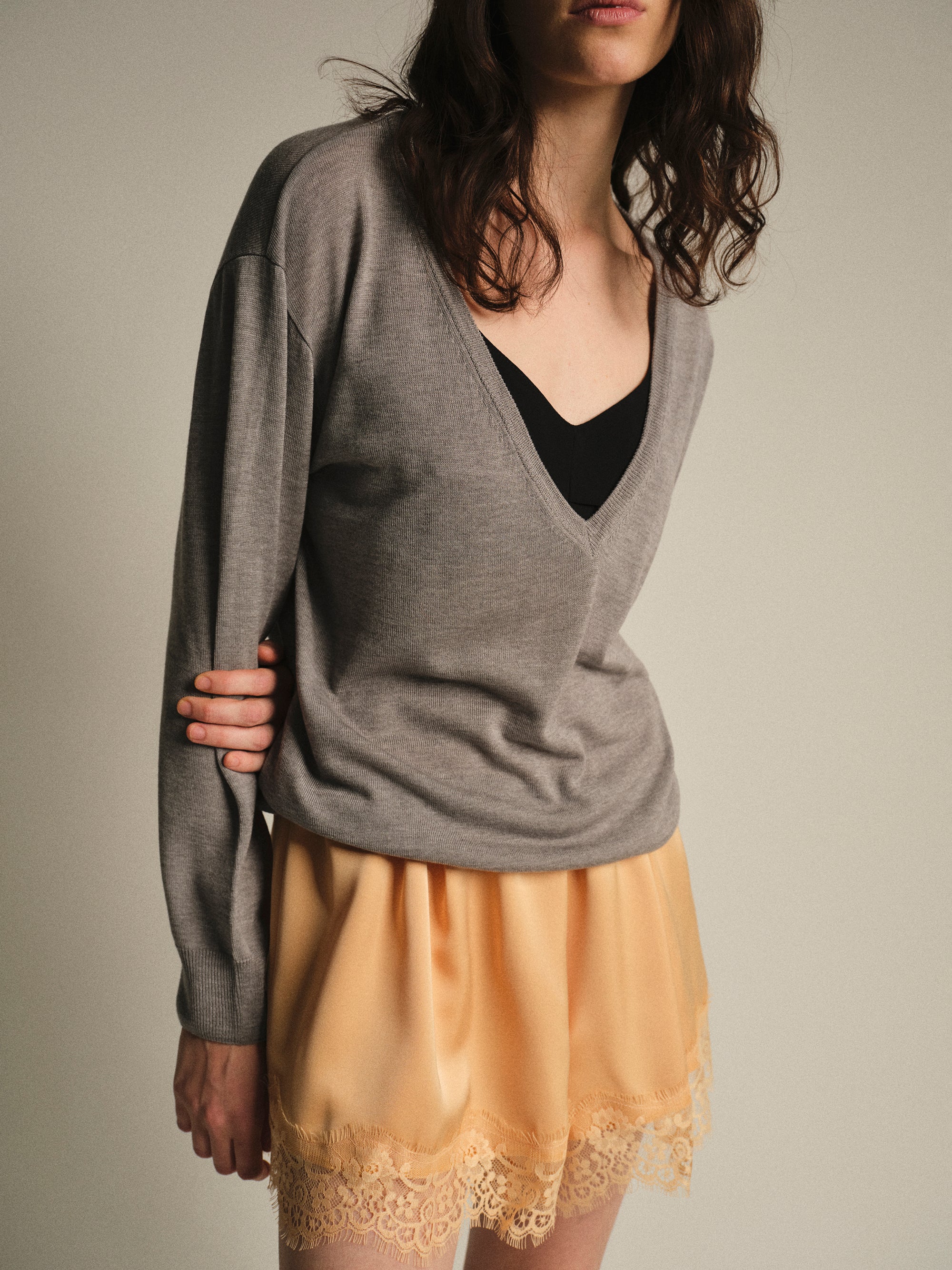 Deep V-Neck Knit, Grey