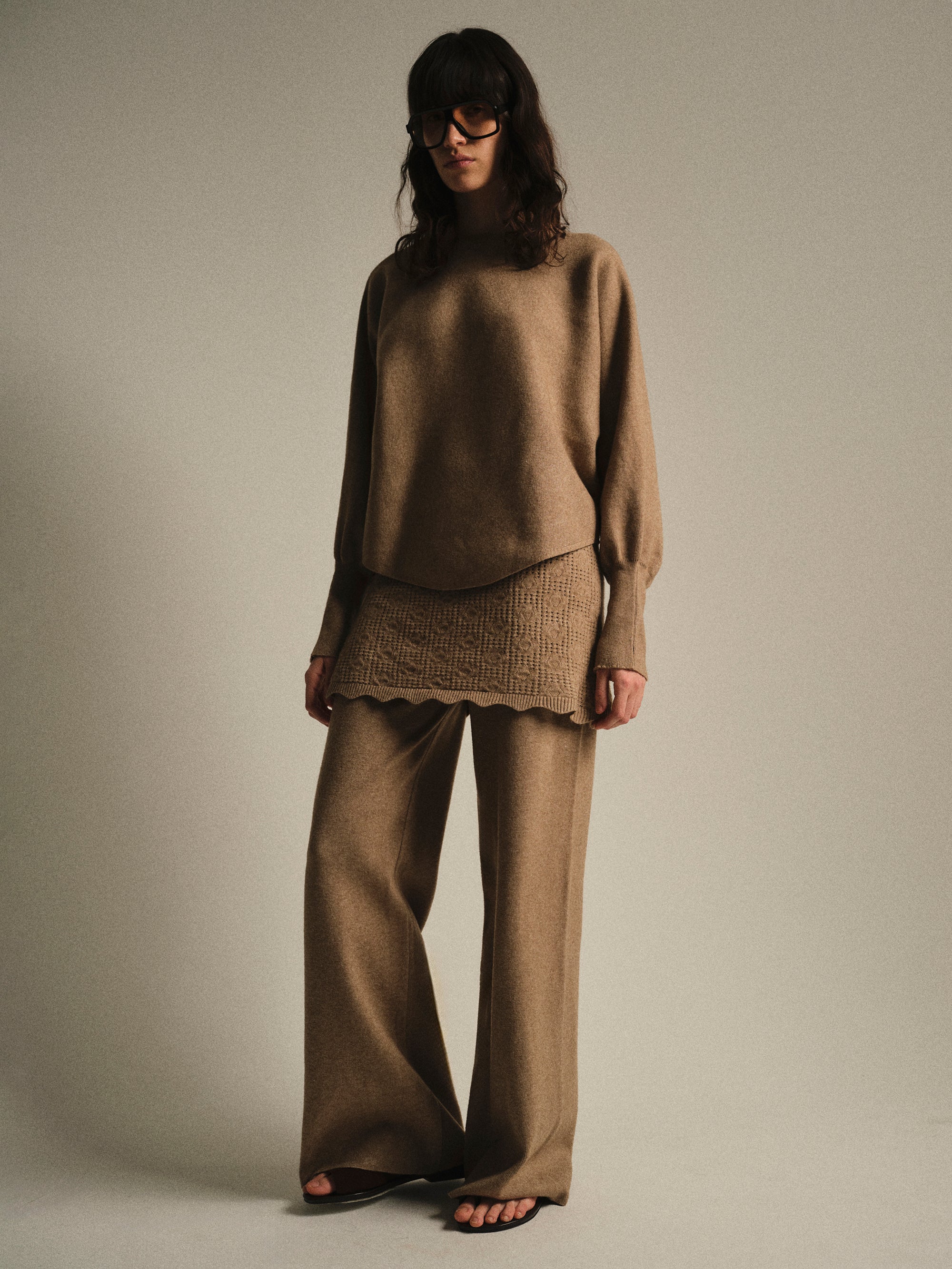 Skirt-Overlay Knit Set, Mocha