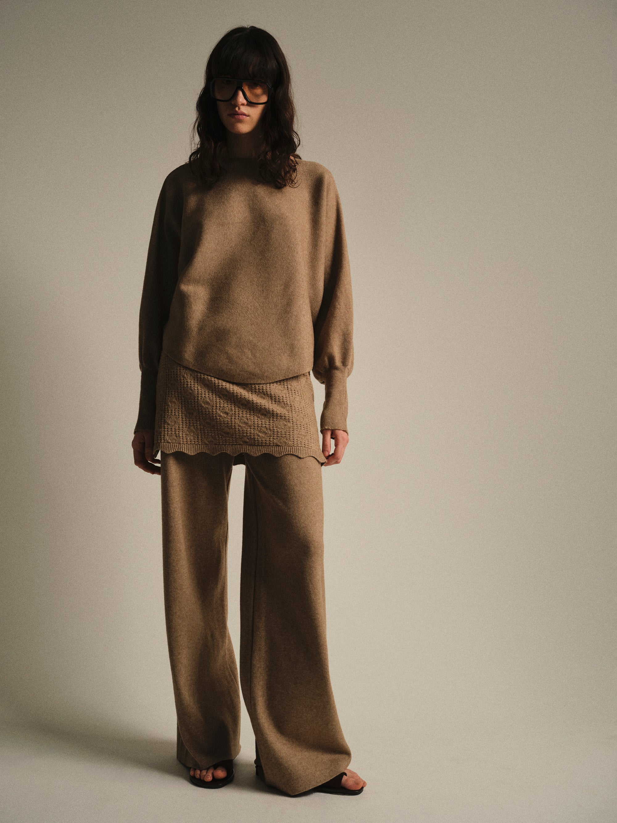 Skirt-Overlay Knit Set, Mocha