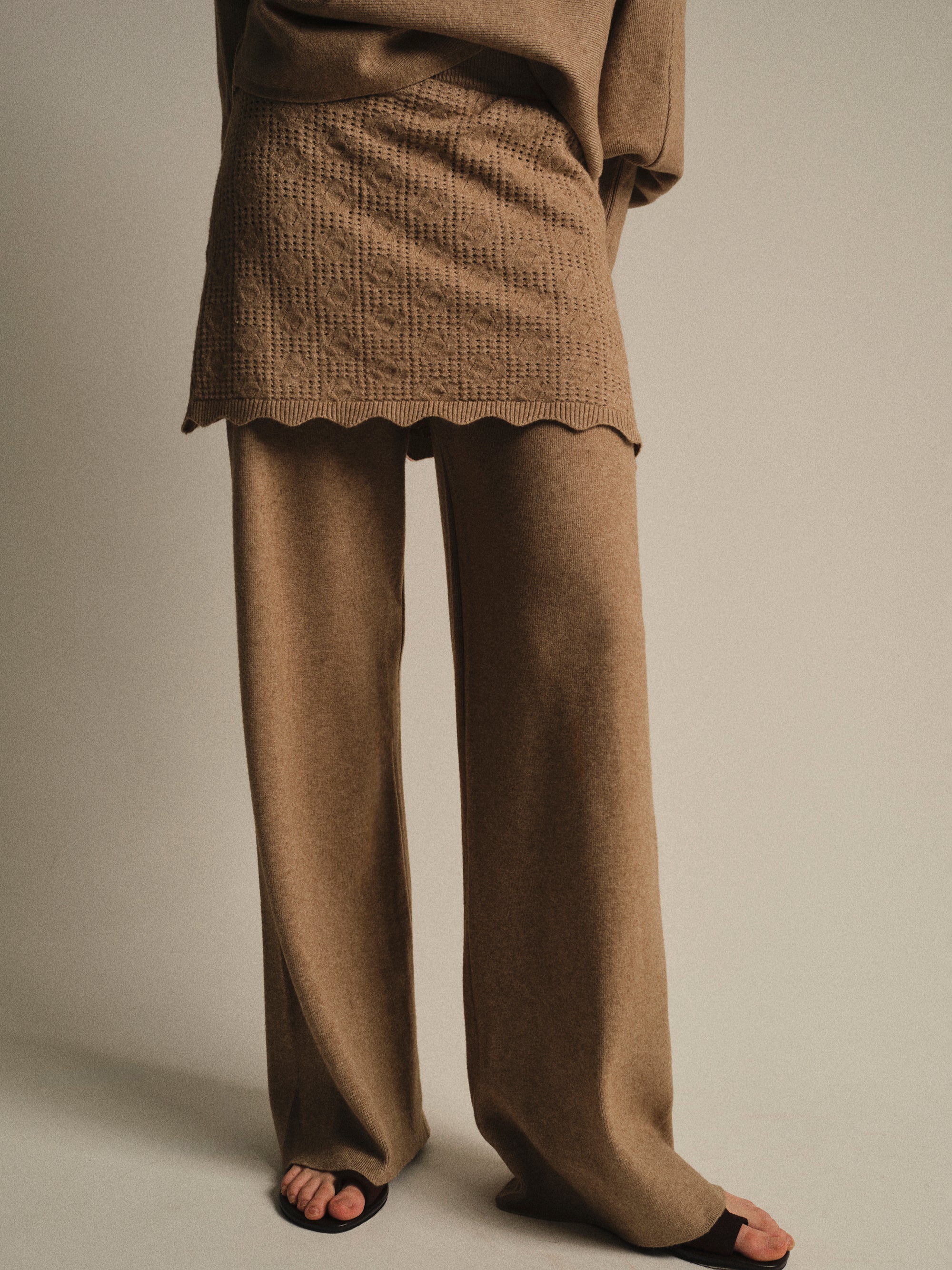 Skirt-Overlay Knit Set, Mocha