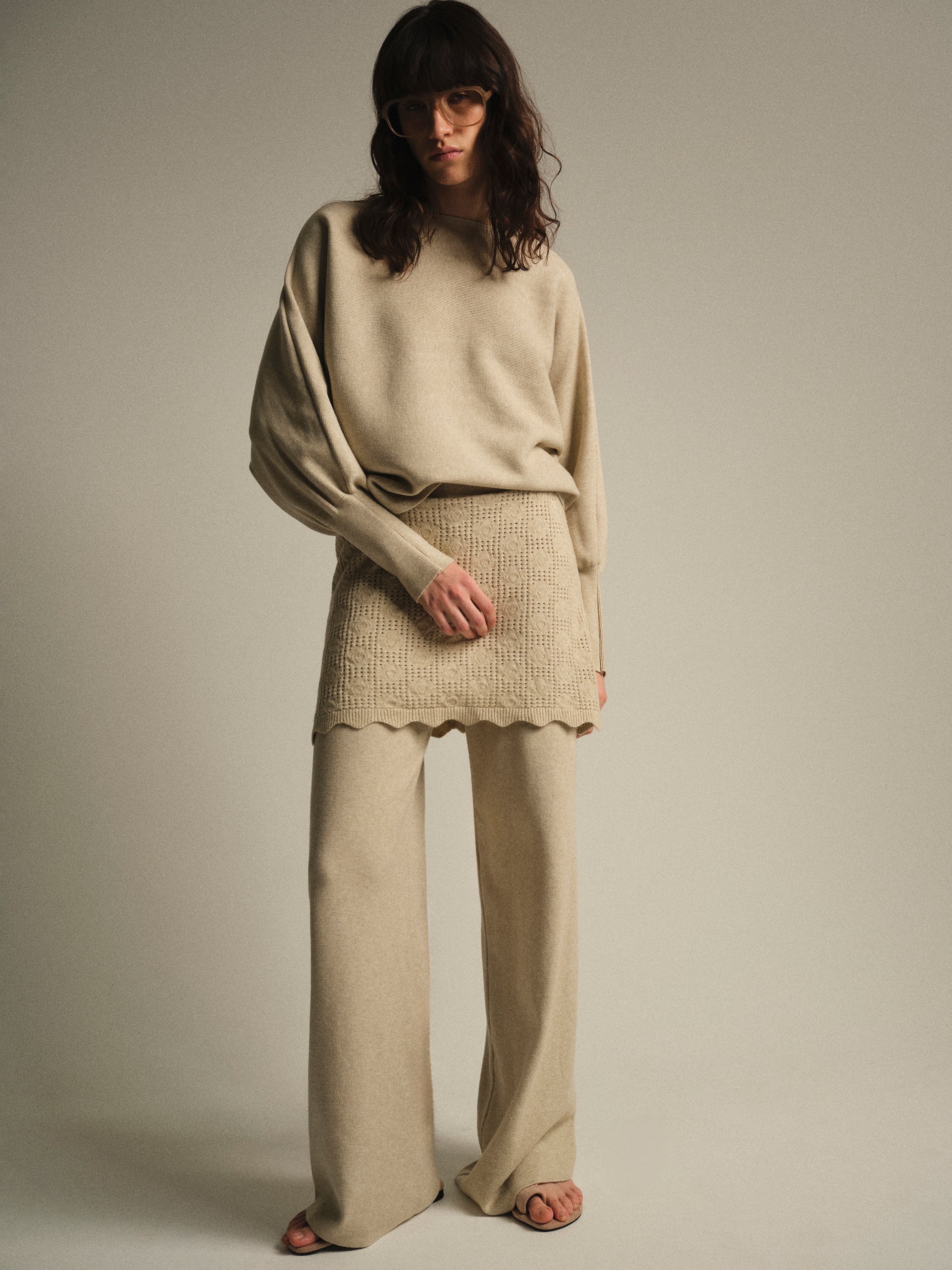 Skirt-Overlay Knit Set, Ivory