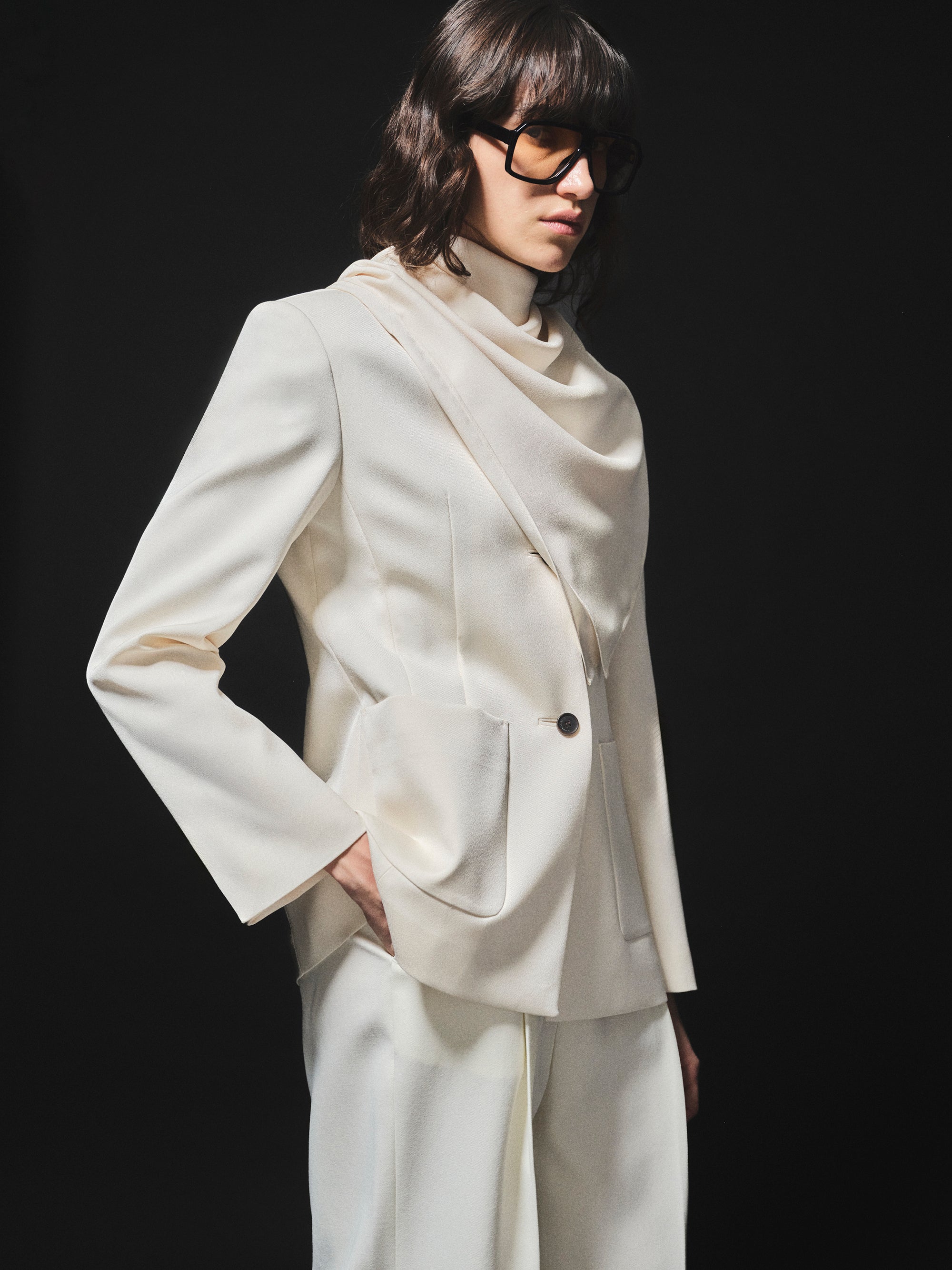 Scarf Collarless Blazer, Ivory