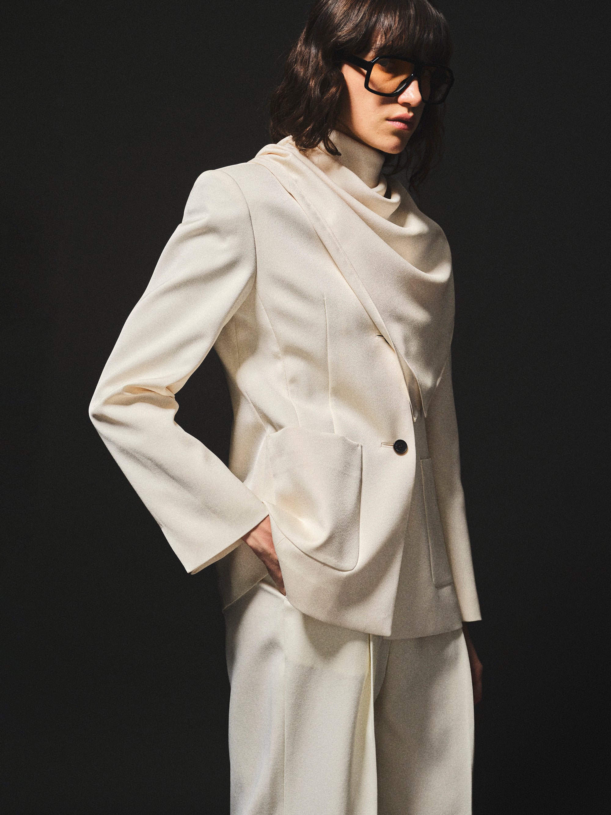Scarf Collarless Blazer, Ivory