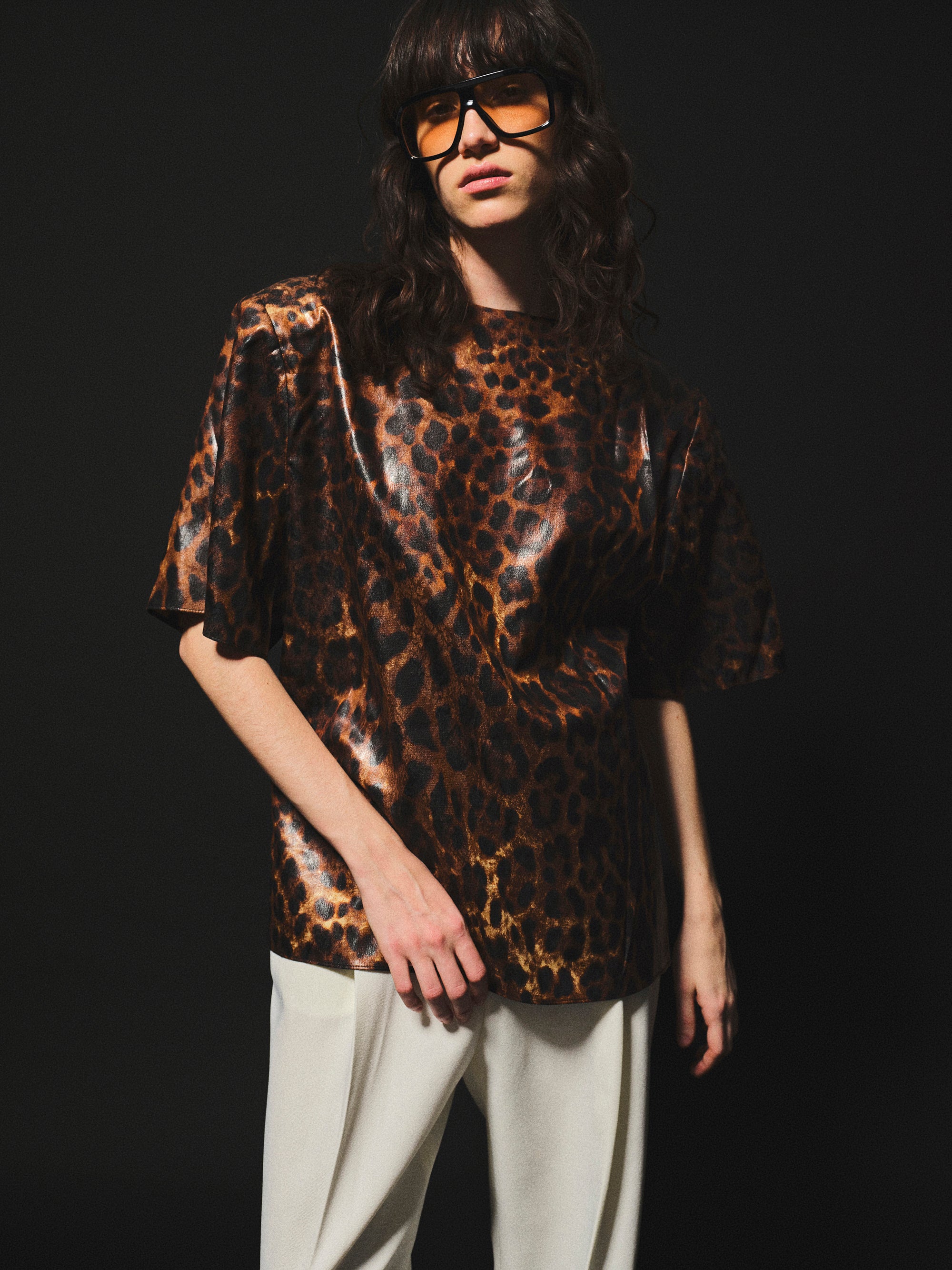 Printed Shoulder-Pad Top, Leopard