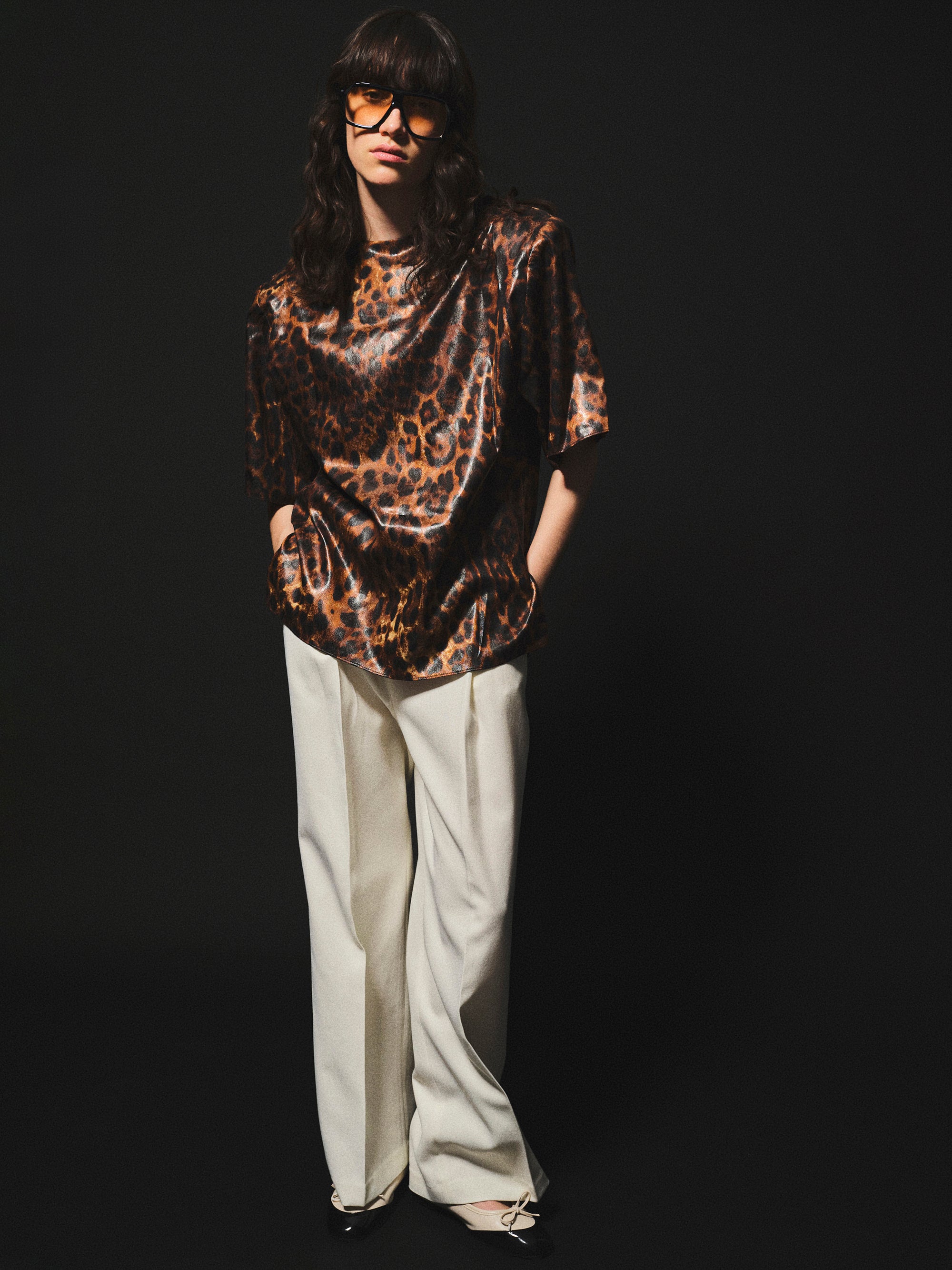 Printed Shoulder-Pad Top, Leopard