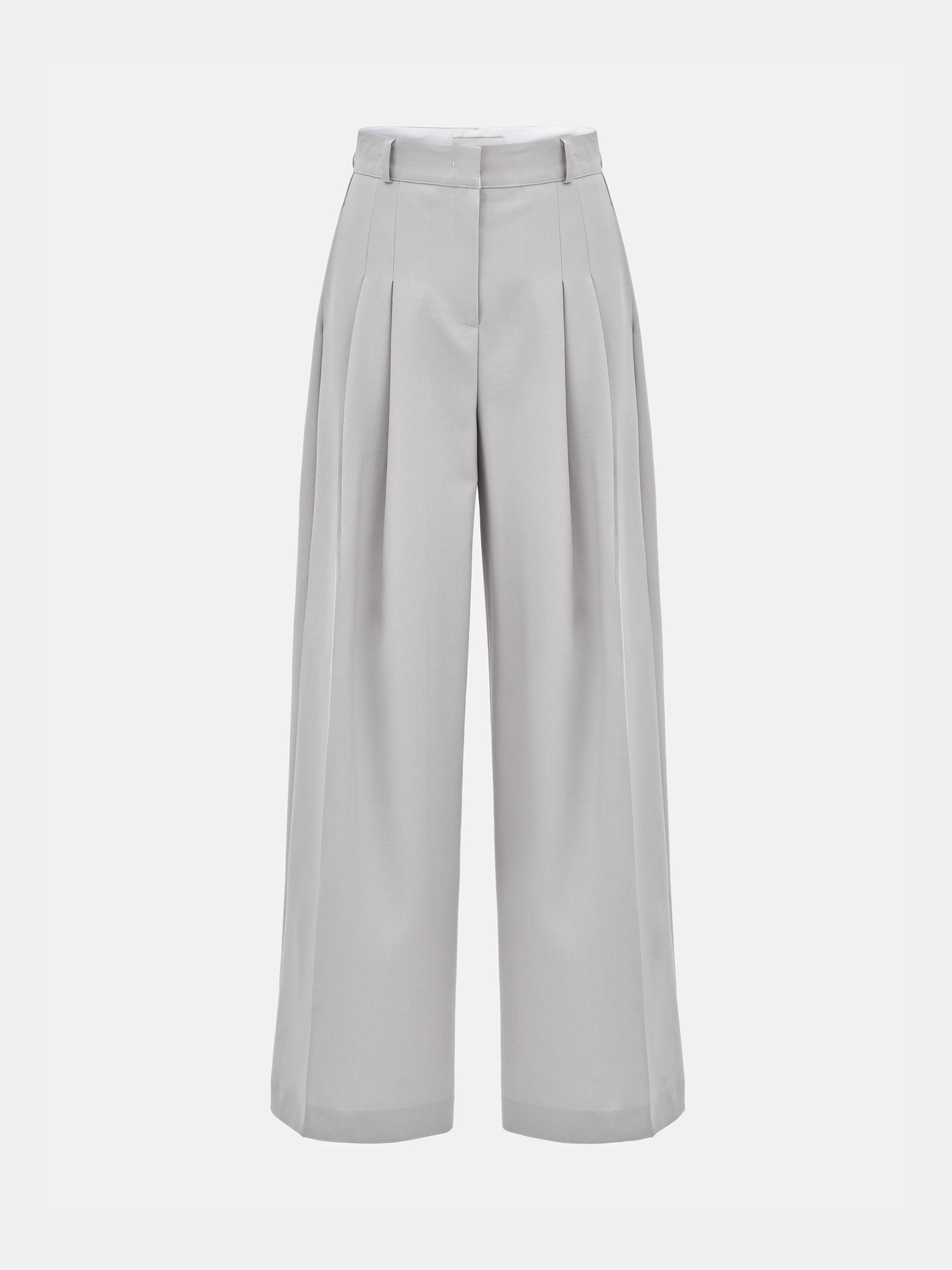 Double Pleated Wide-Leg Trousers, Grey