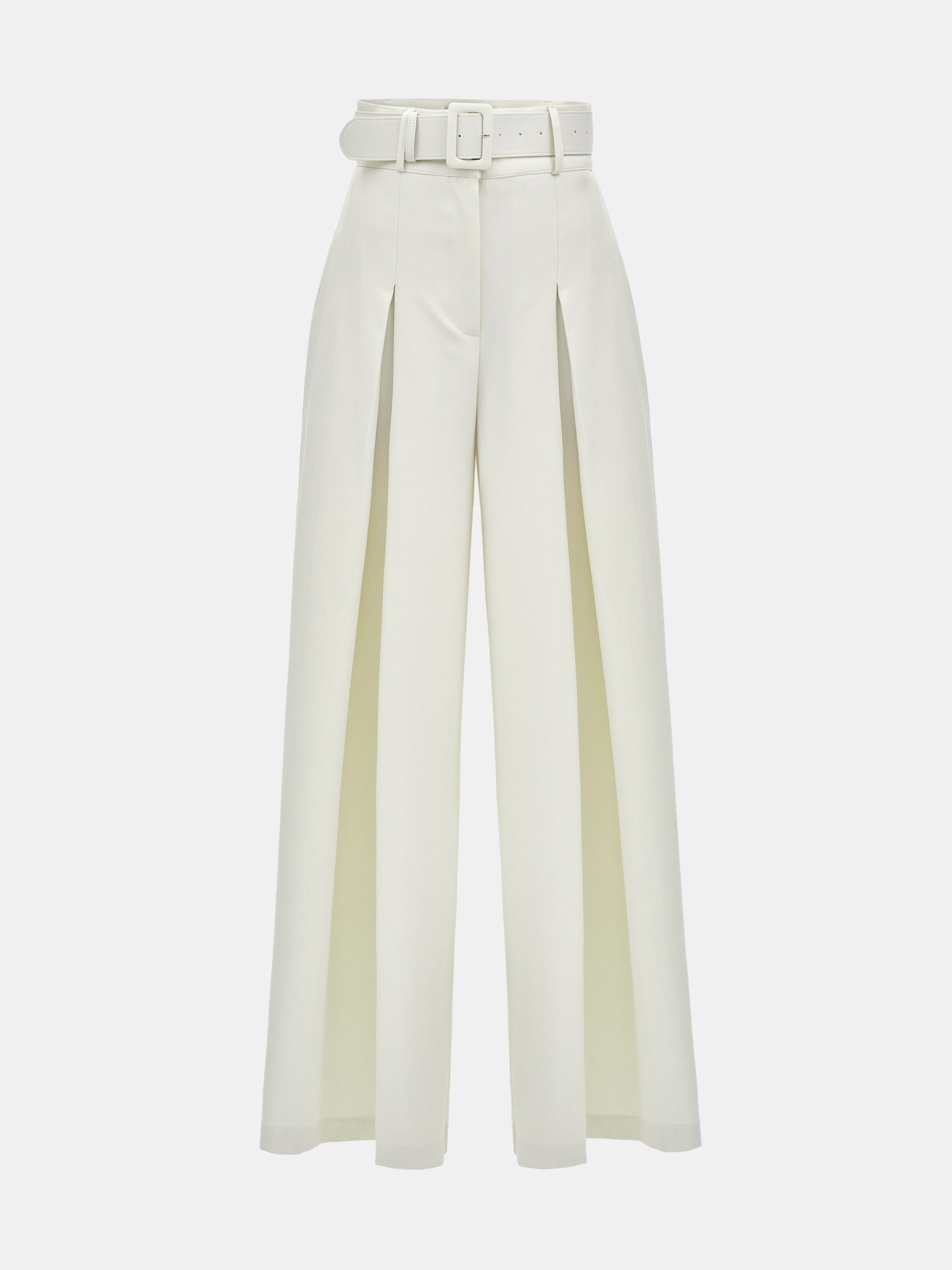 High-Waist Belted Trousers, Ivory