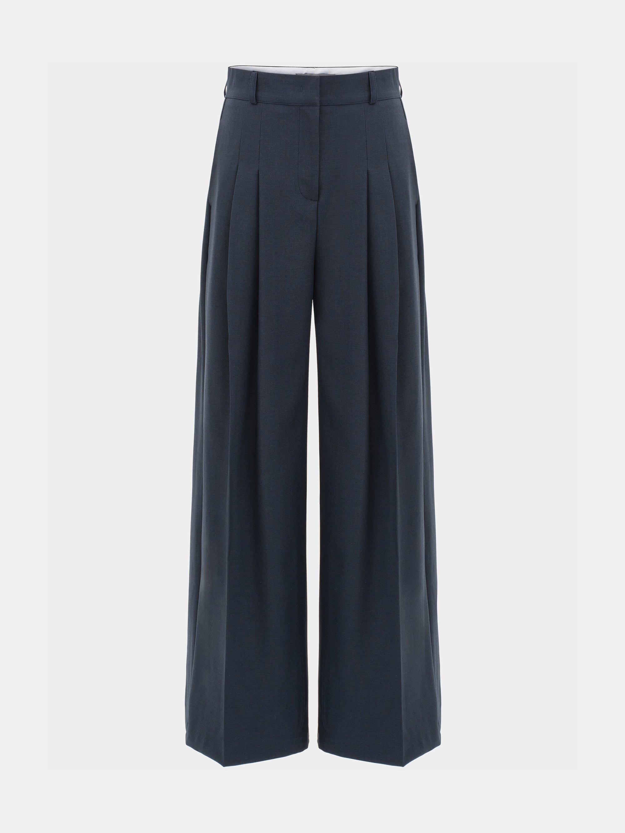 Double Pleated Wide-Leg Trousers, Navy