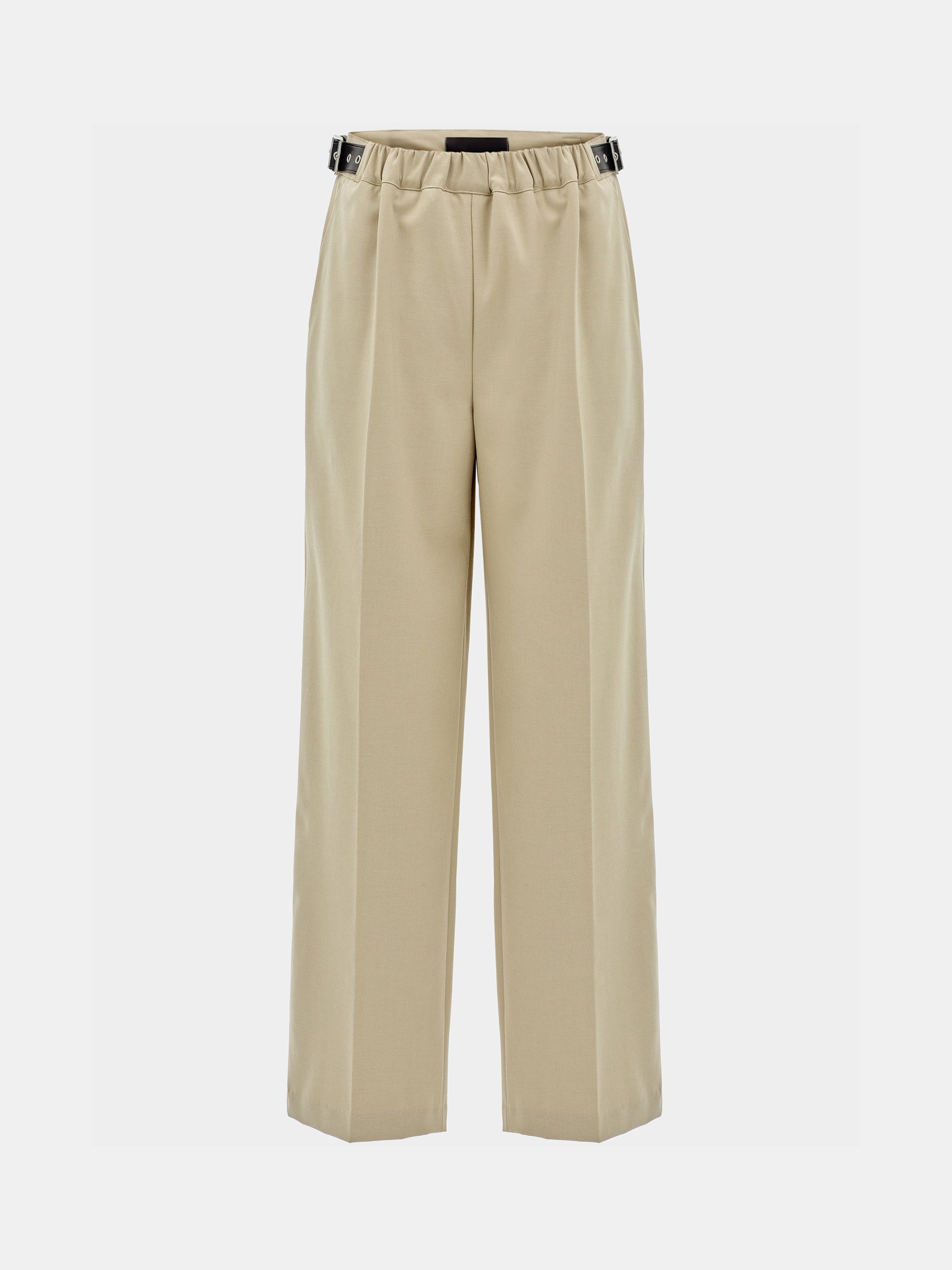 Side-Buckle Creased Trousers, Beige