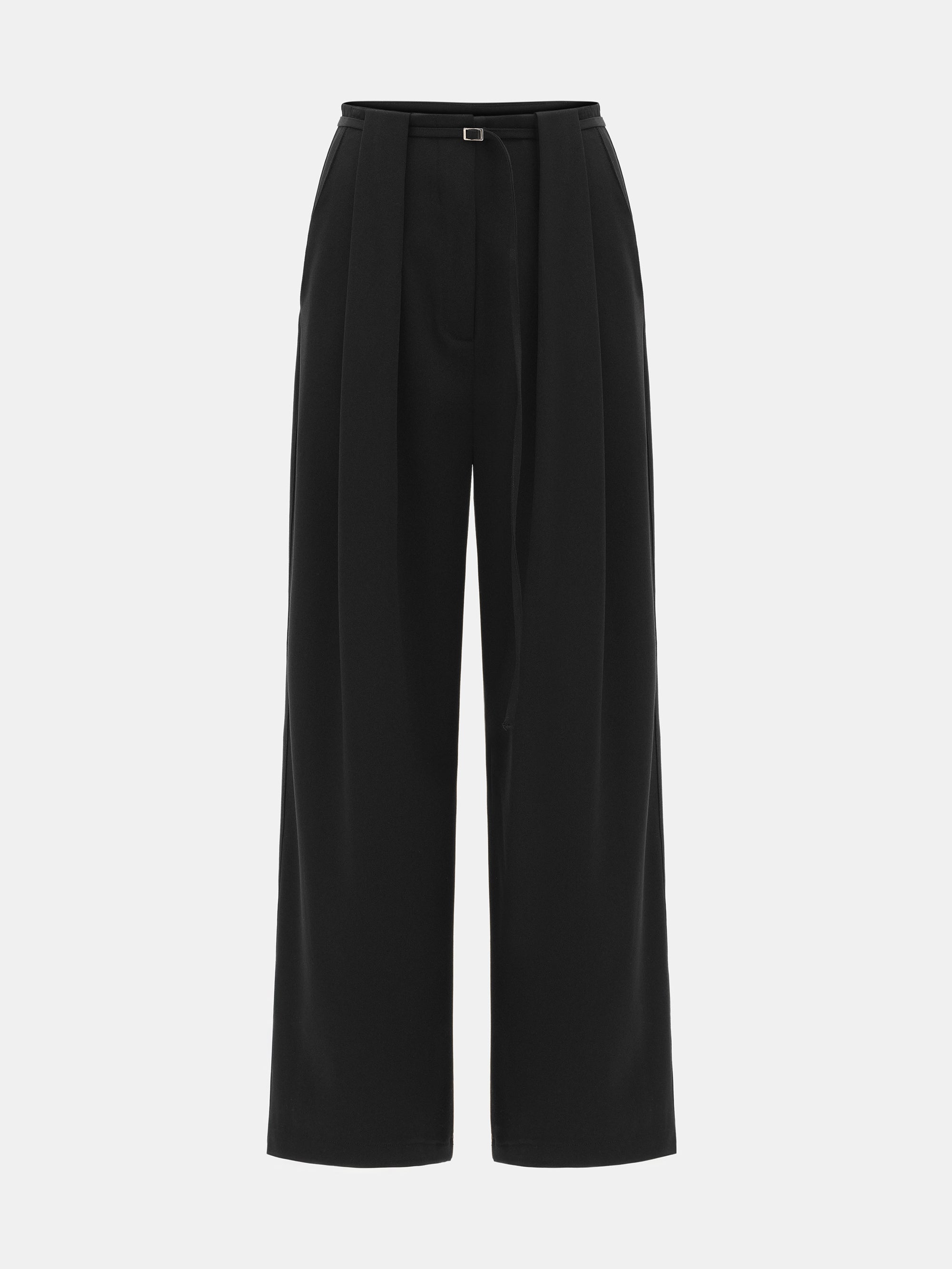 Belted Front-Tuck Trousers, Black