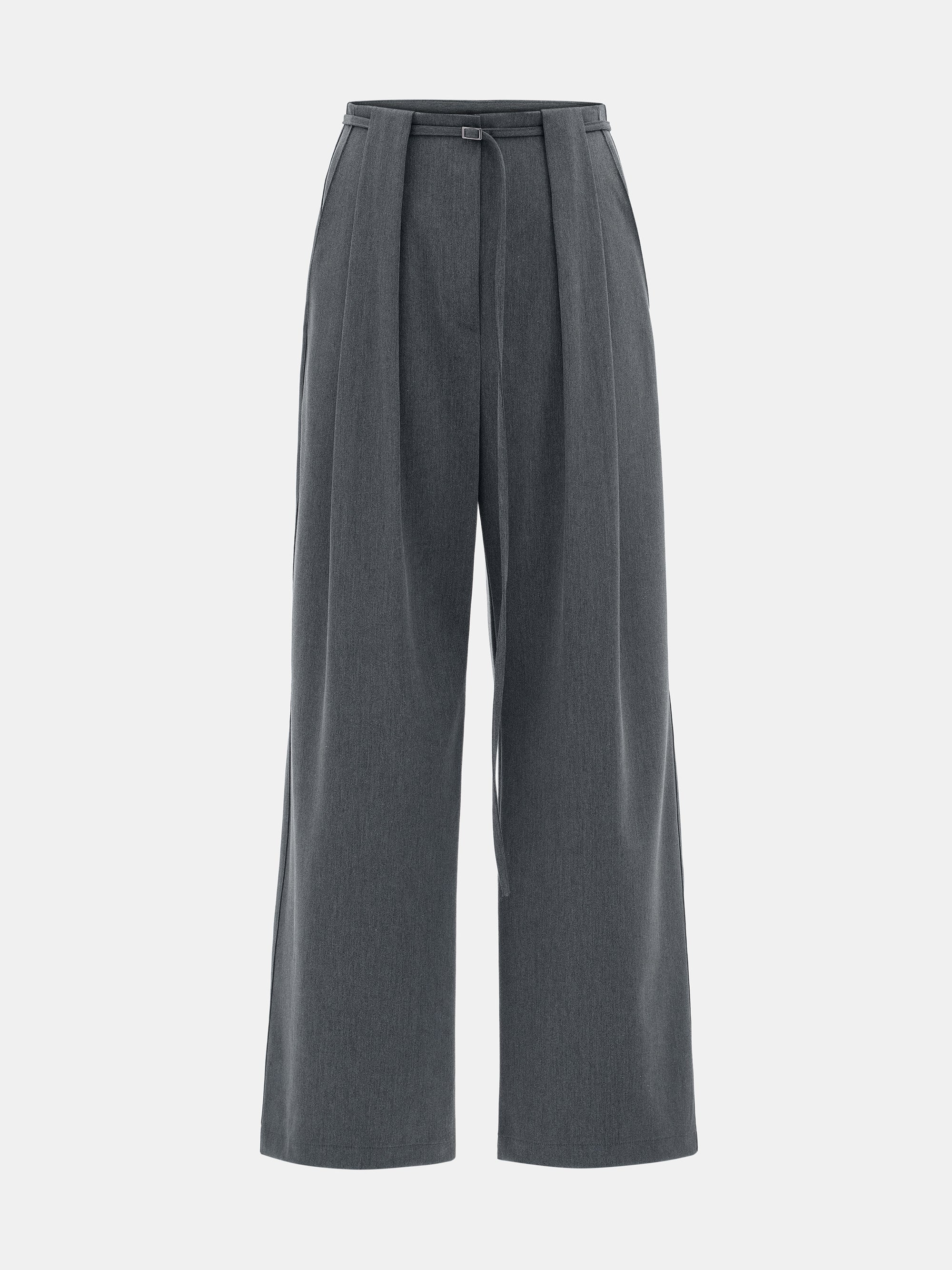 Belted Front-Tuck Trousers, Grey