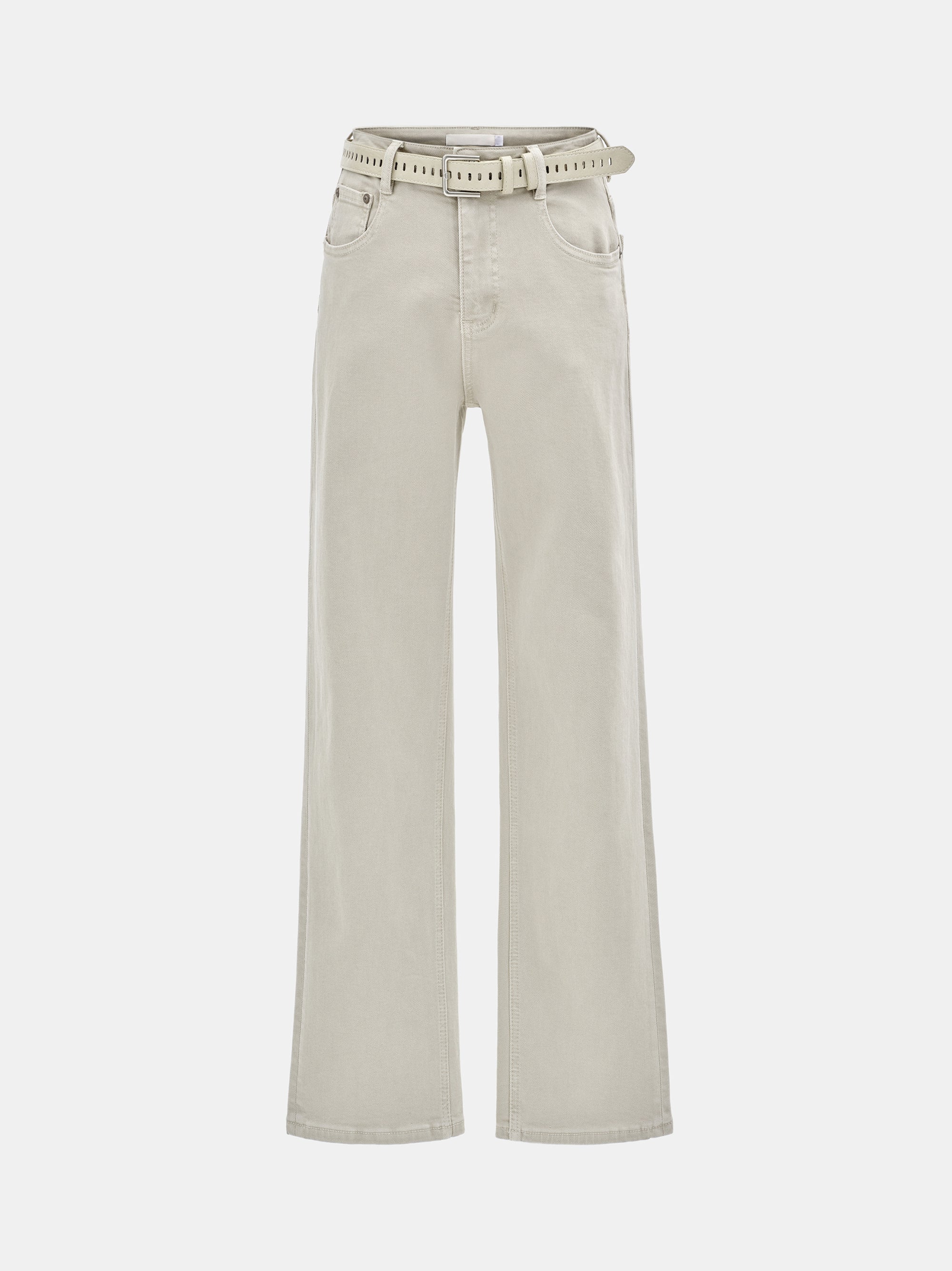 Belted Straight-Leg Jeans, Beige