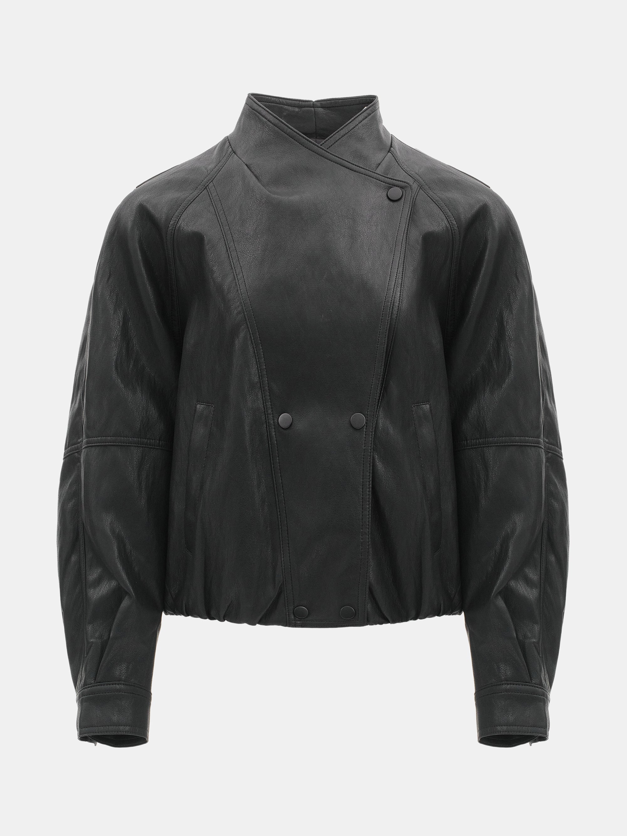 Wrap Stand Collar Faux-Leather Jacket, Black