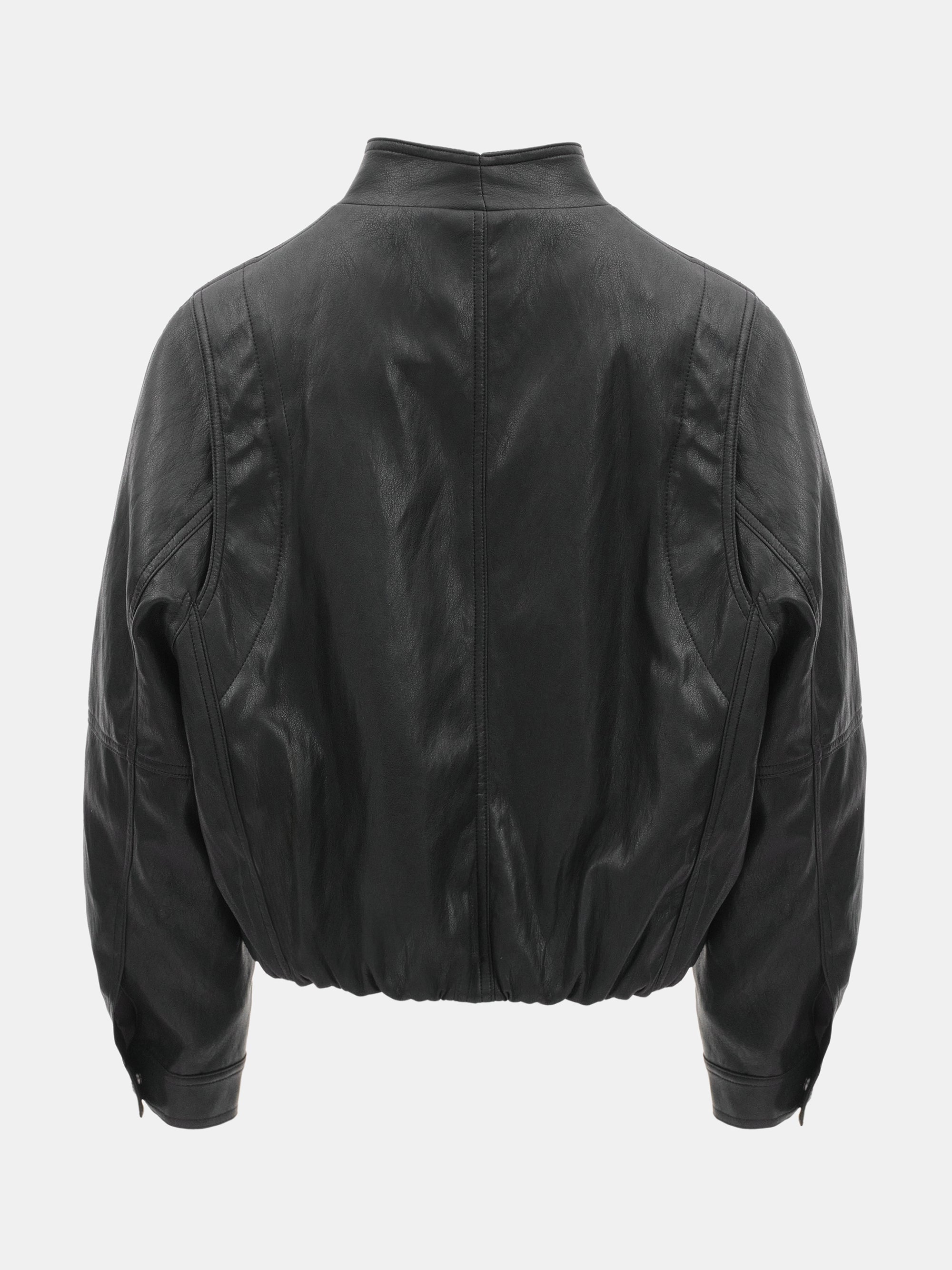 Wrap Stand Collar Faux-Leather Jacket, Black