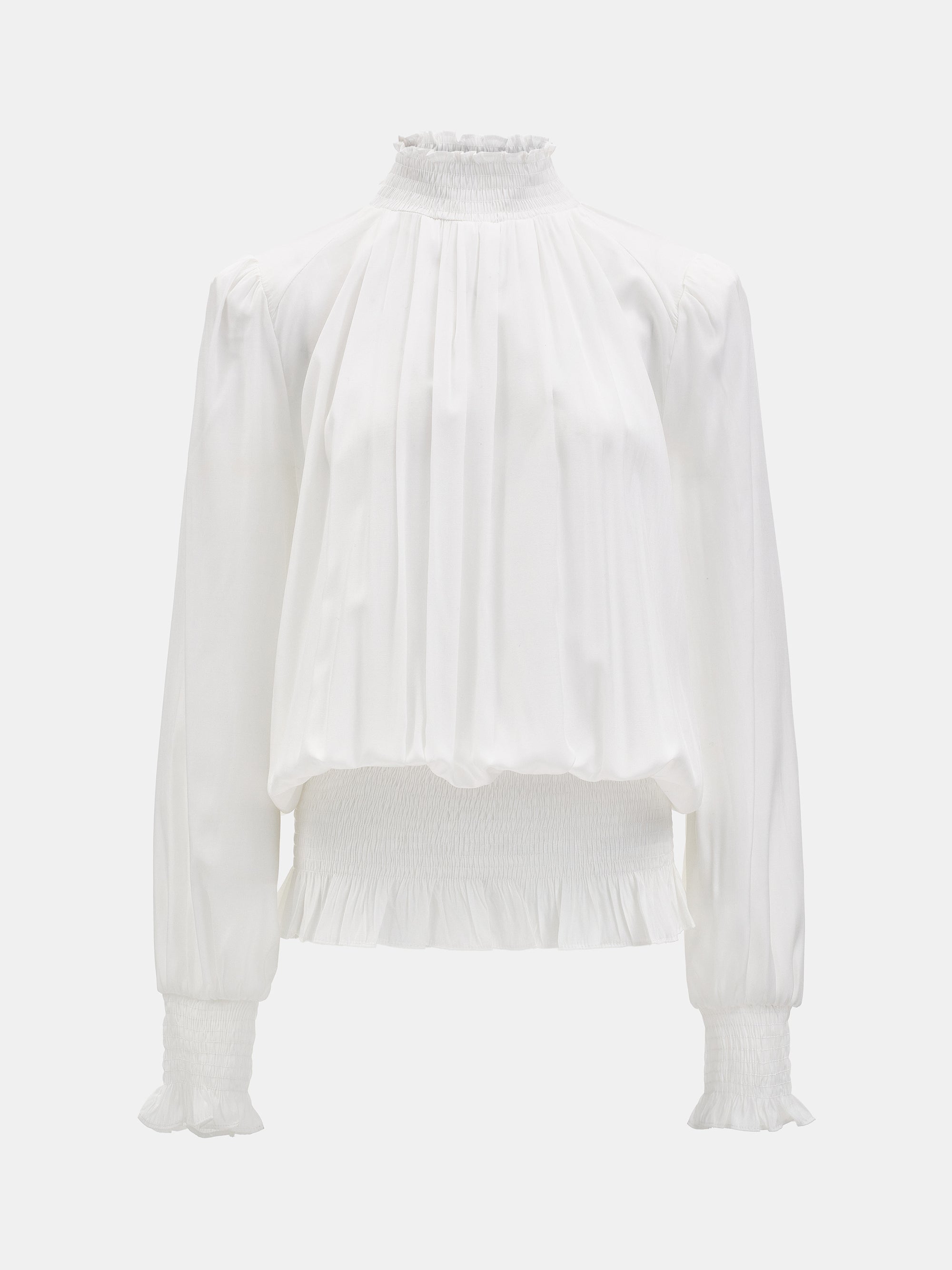 Smocked High-Neck Blouse, Ivory