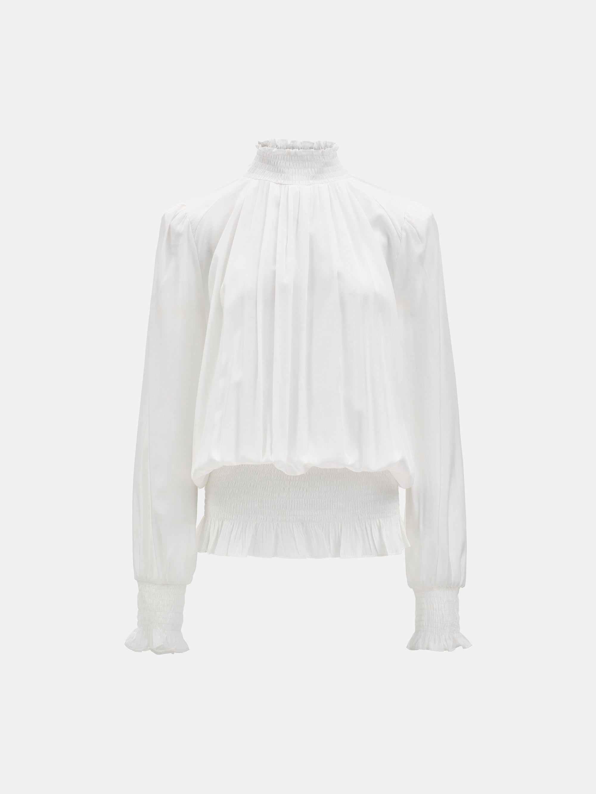 Smocked High-Neck Blouse, Ivory