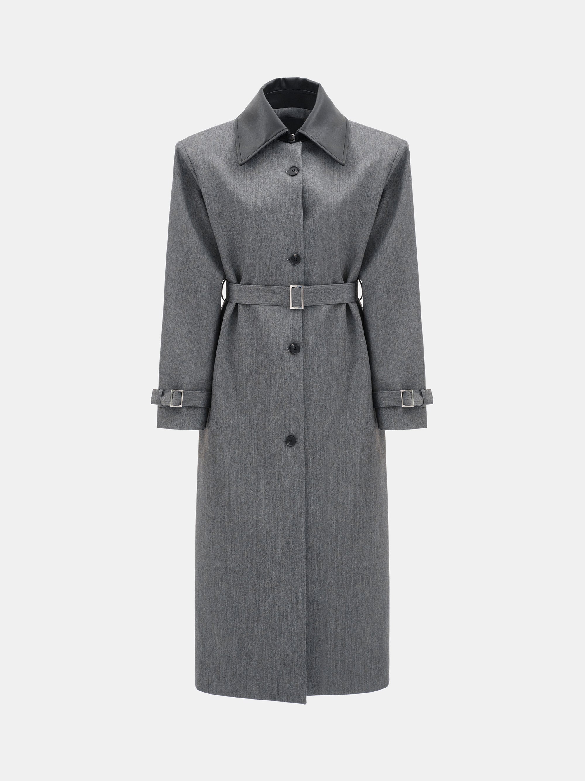 Faux-Leather Collar Long Coat, Grey