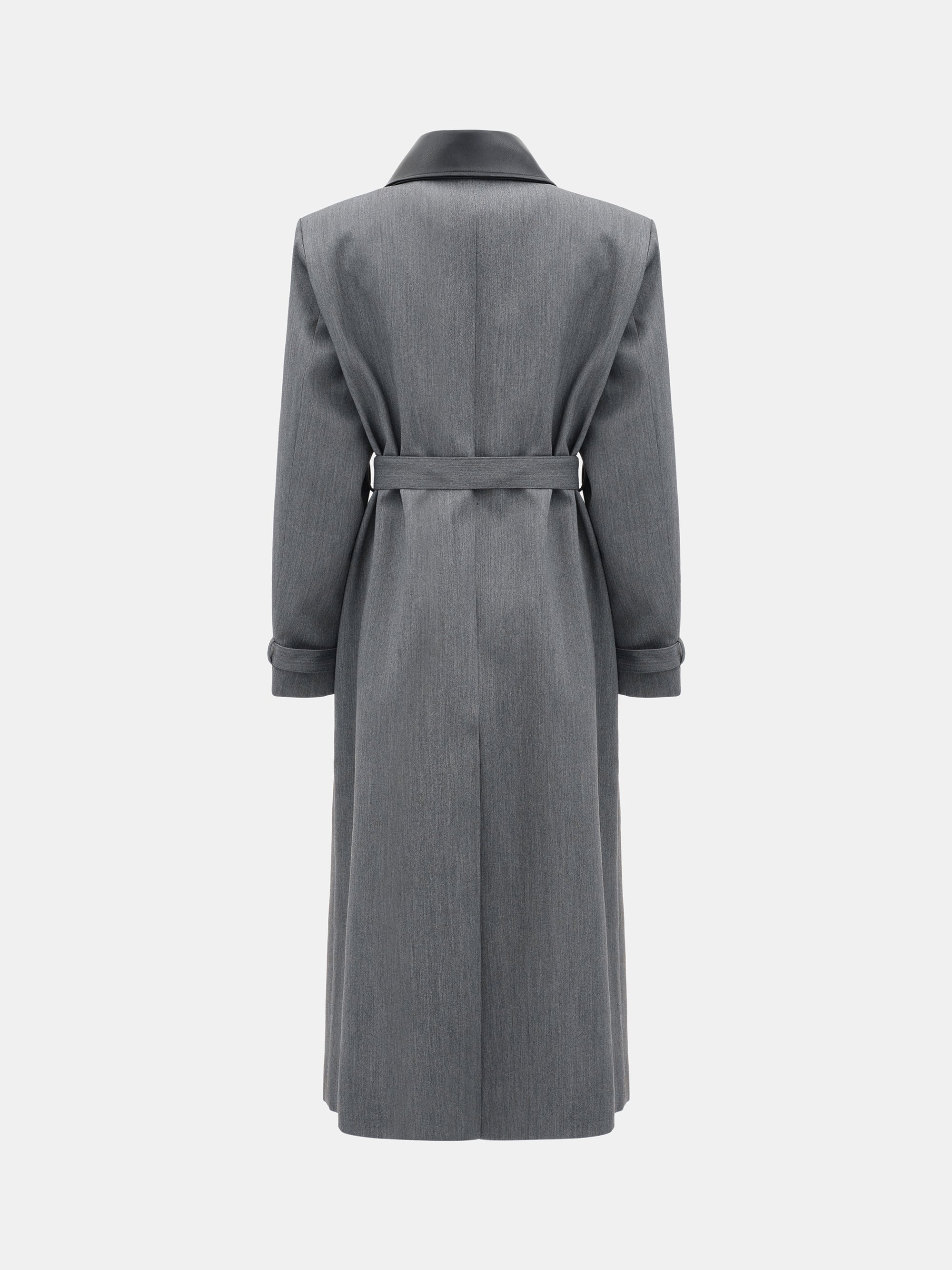 Faux-Leather Collar Long Coat, Grey