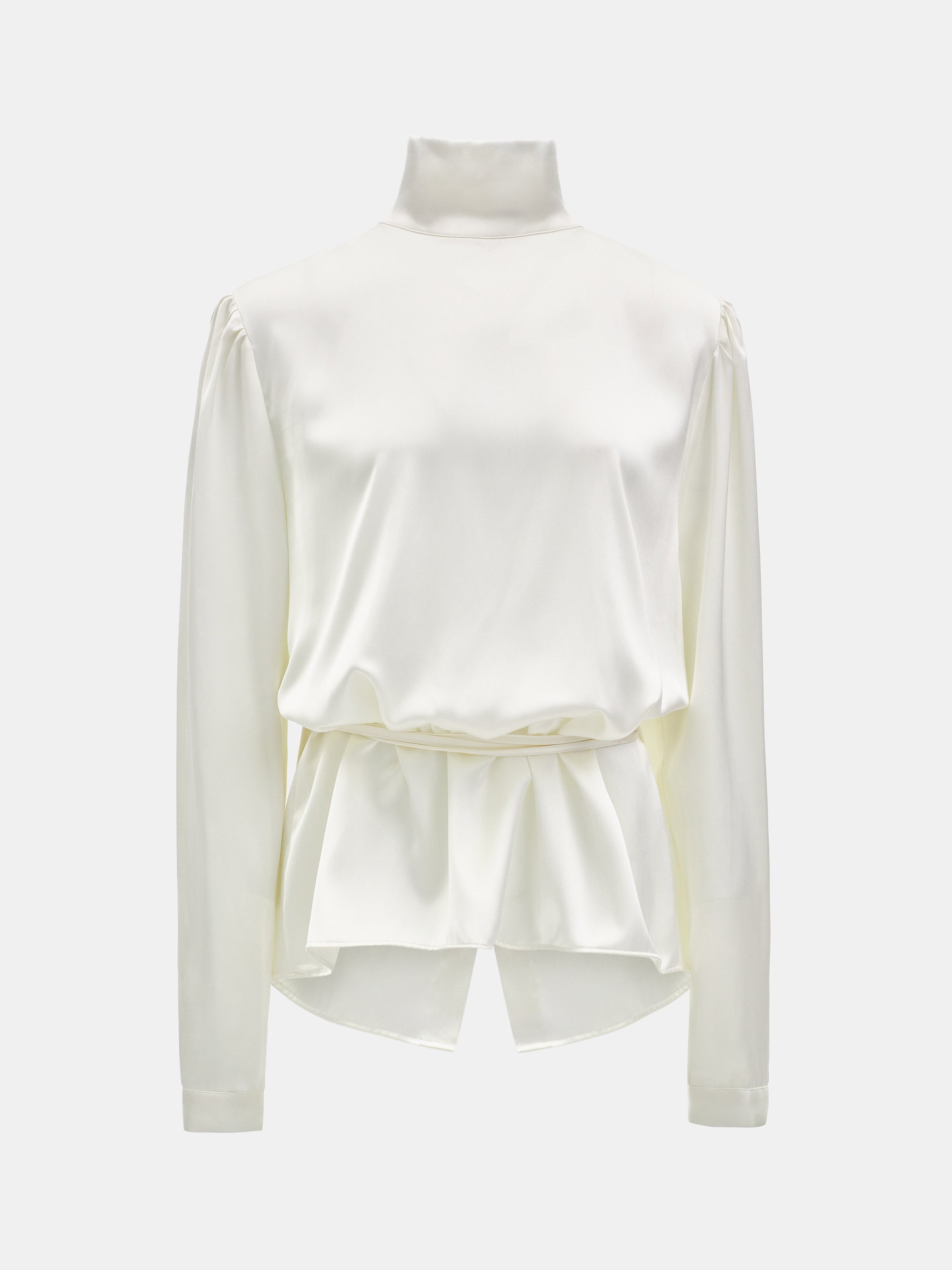 Eben Draped Satin High-Neck Blouse, Ivory