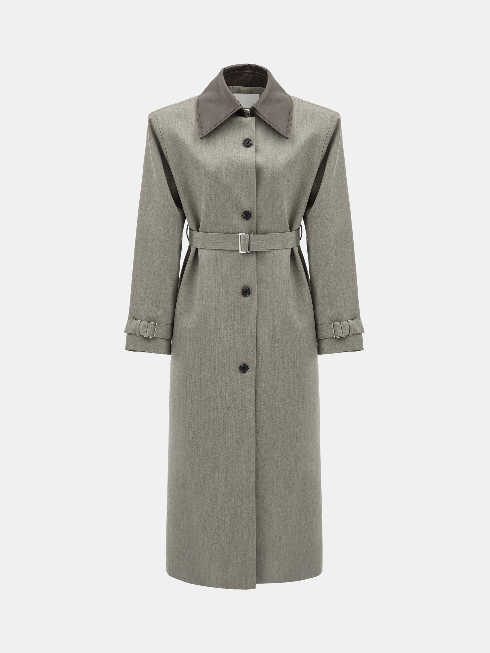 Faux-Leather Collar Long Coat, Brown