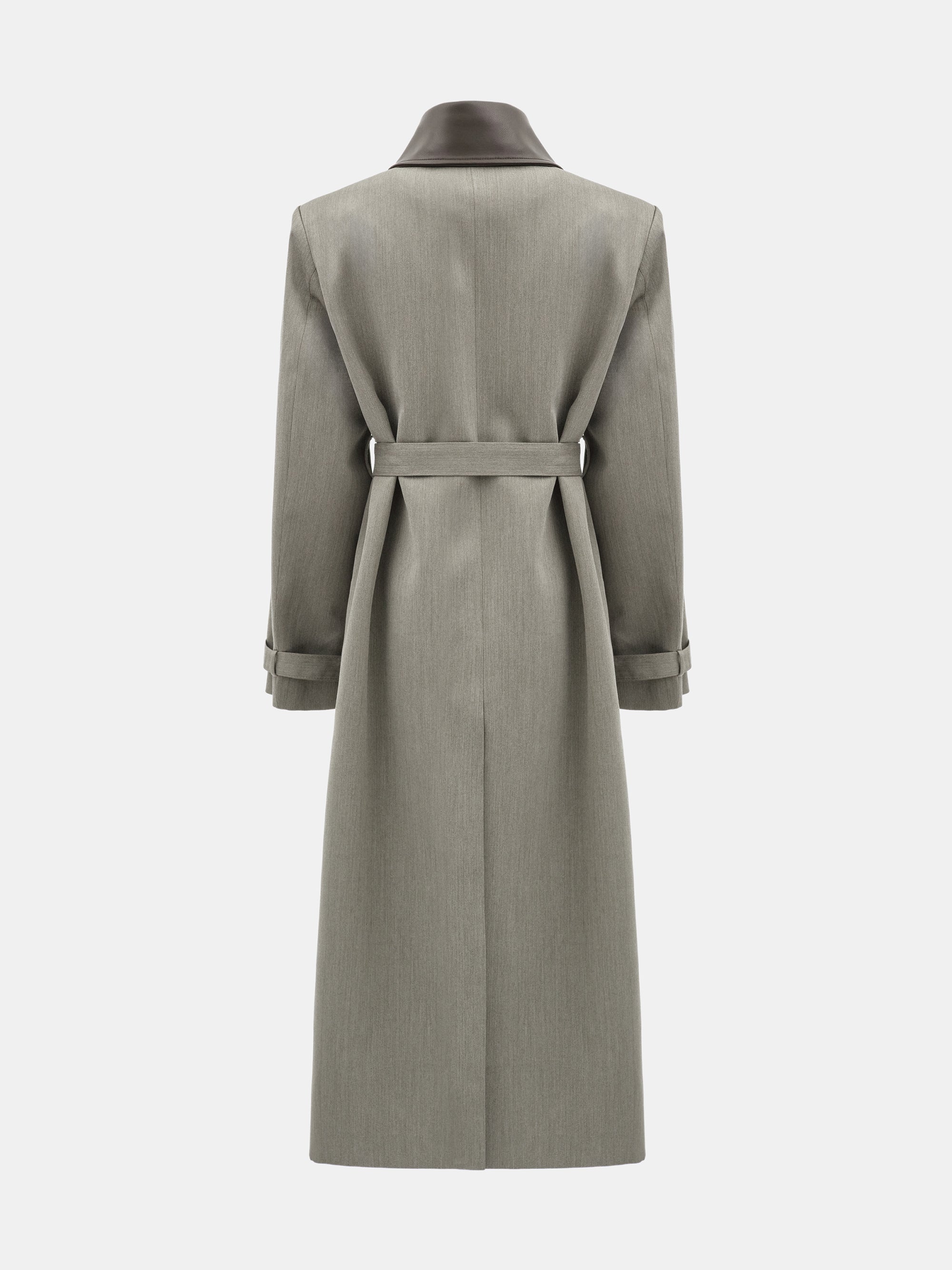 Faux-Leather Collar Long Coat, Brown