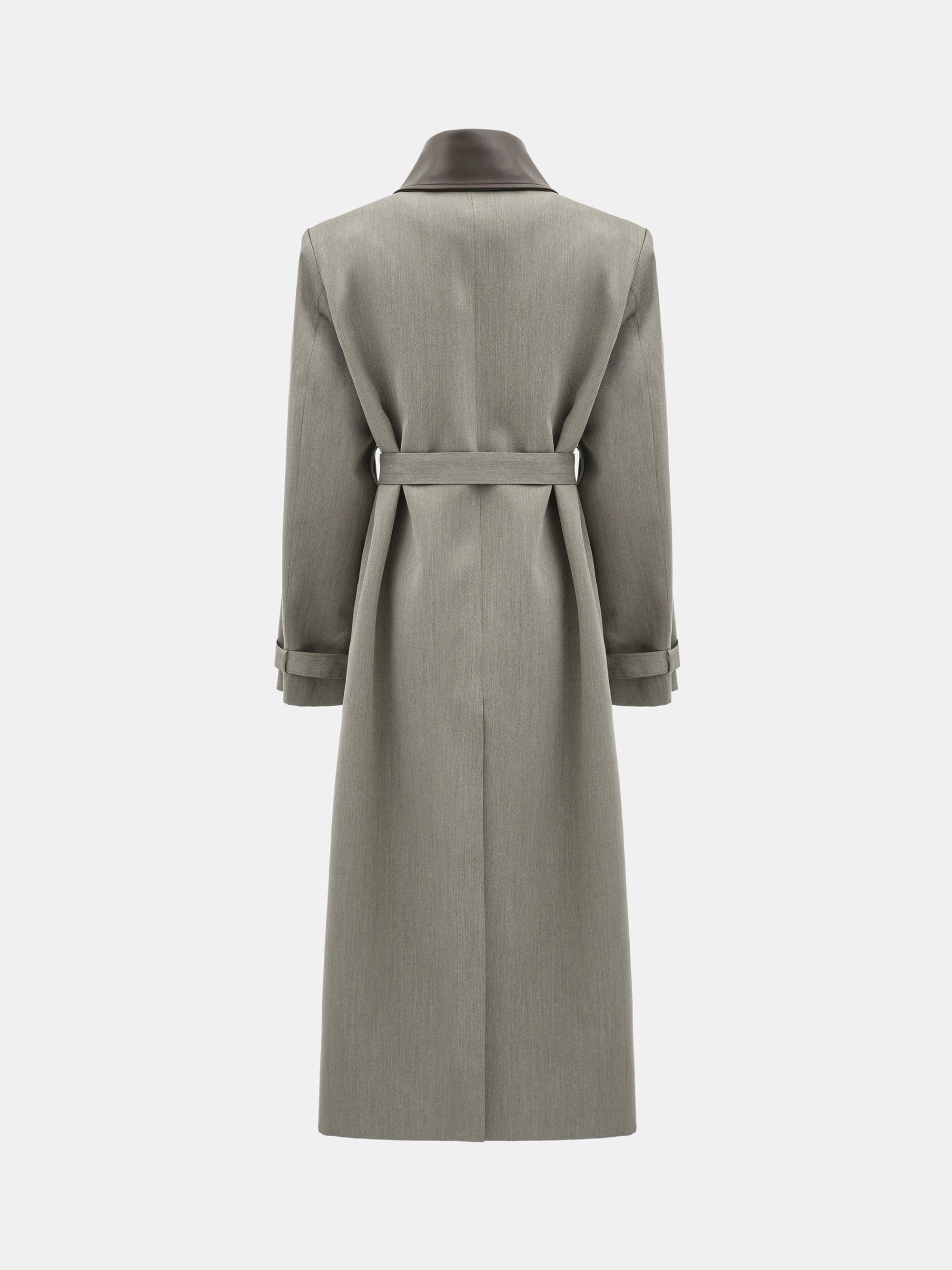 Faux-Leather Collar Long Coat, Brown