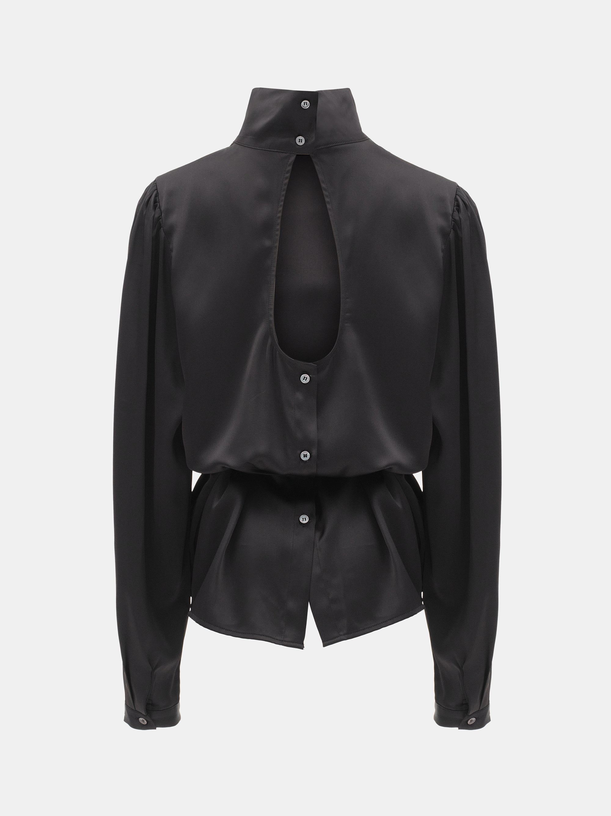 Eben Draped Satin High-Neck Blouse, Black
