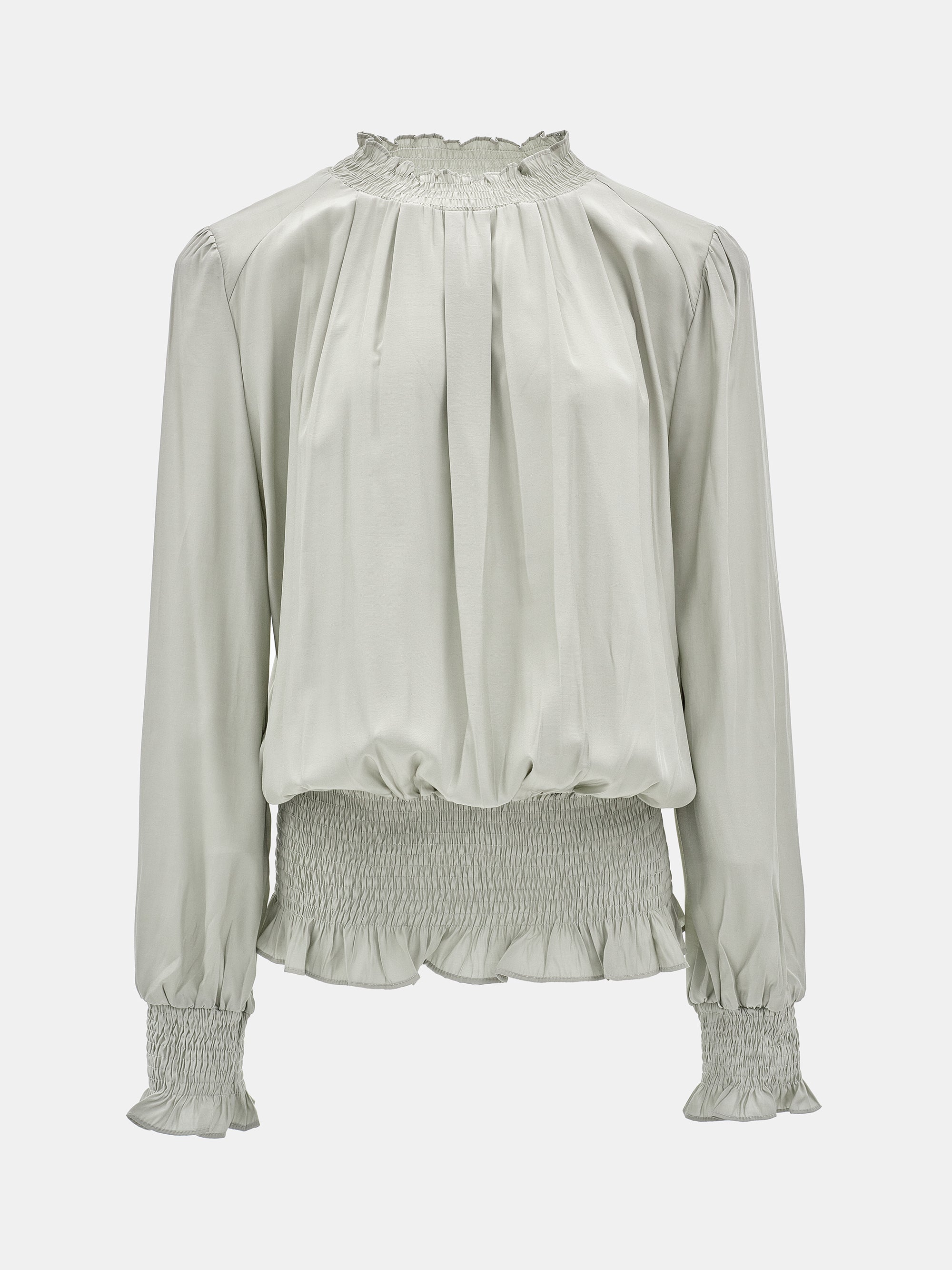 Smocked High-Neck Blouse, Khaki