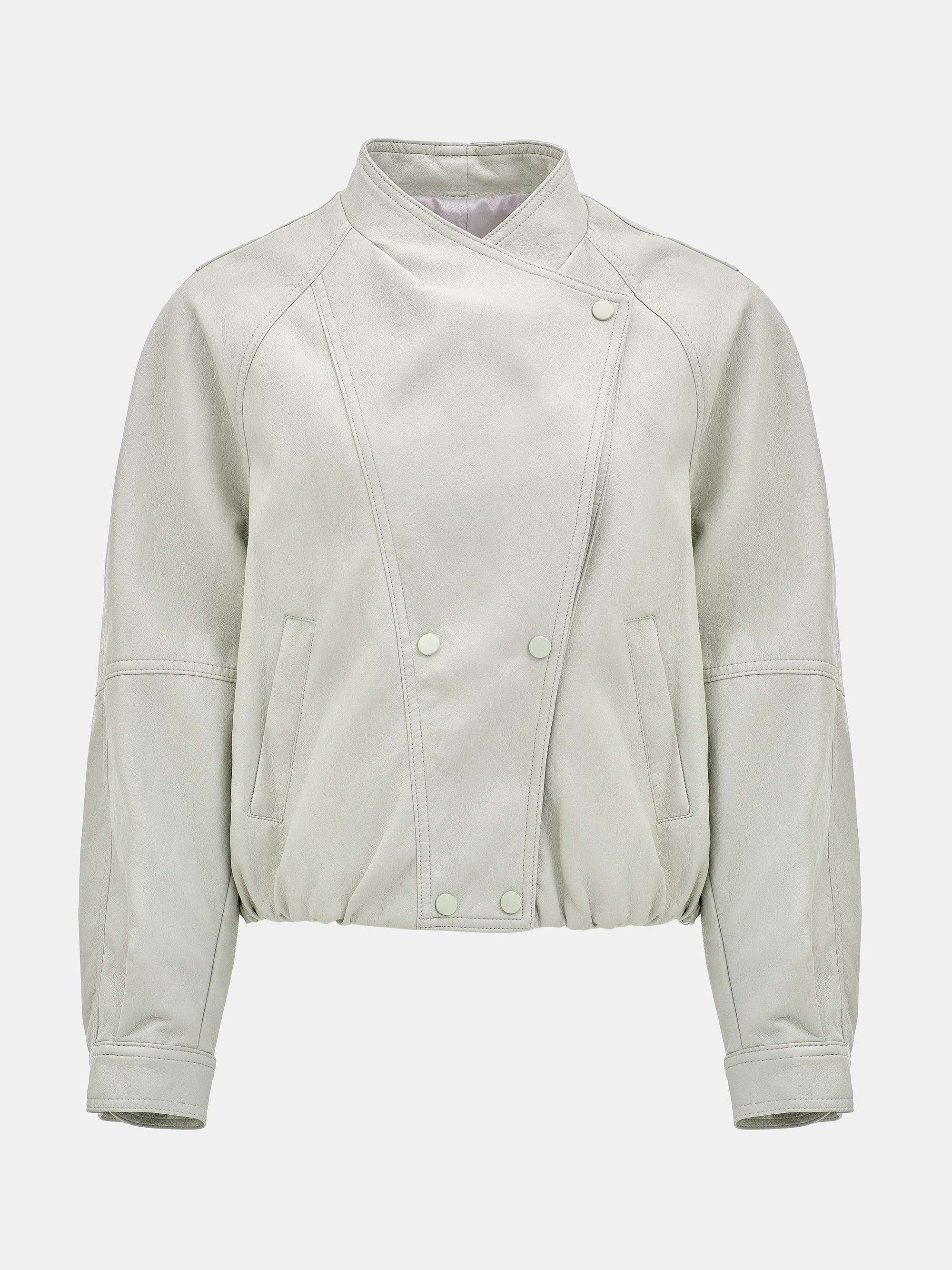 Wrap Stand Collar Faux-Leather Jacket, Light Grey