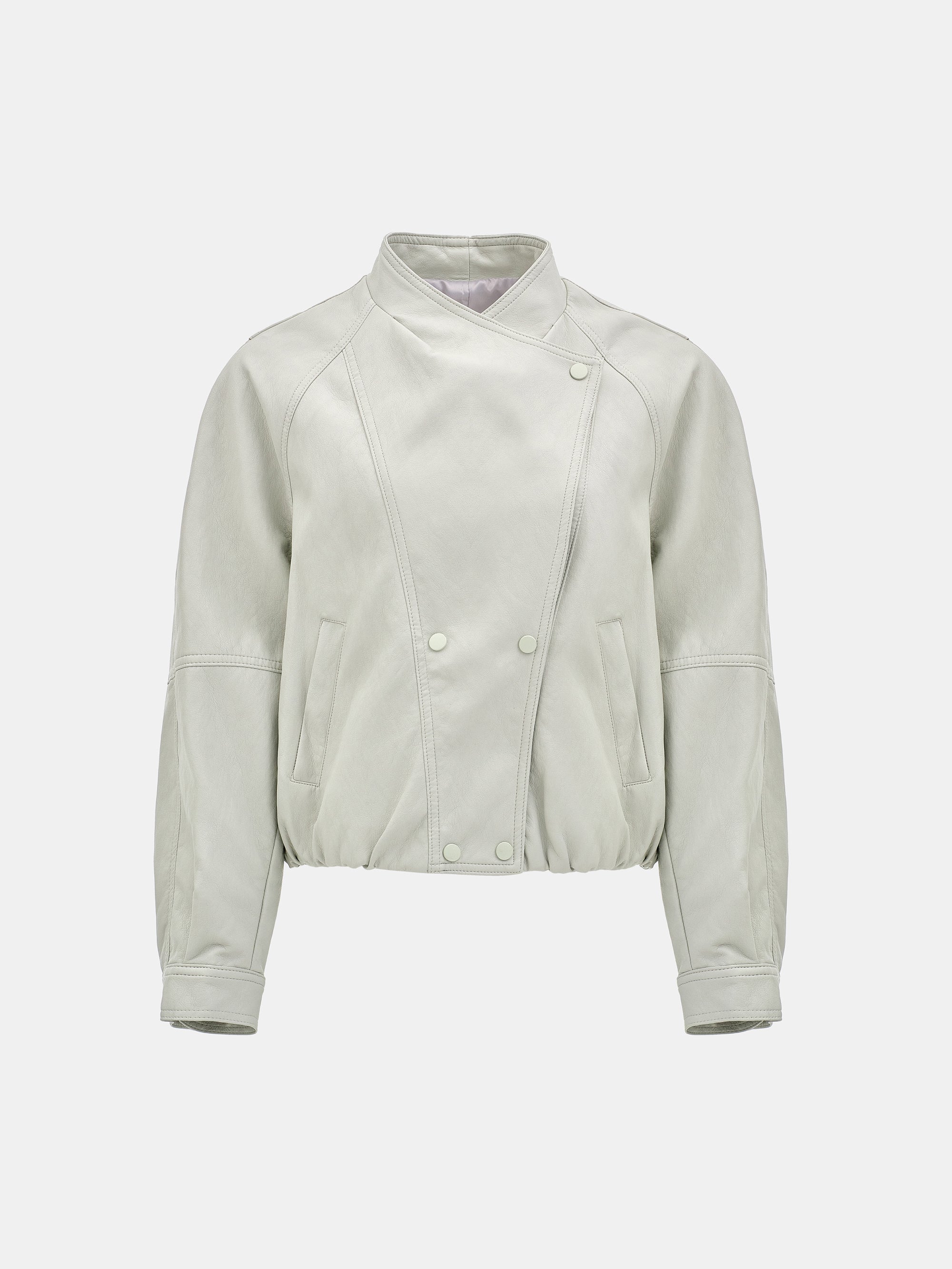 Wrap Stand Collar Faux-Leather Jacket, Light Grey