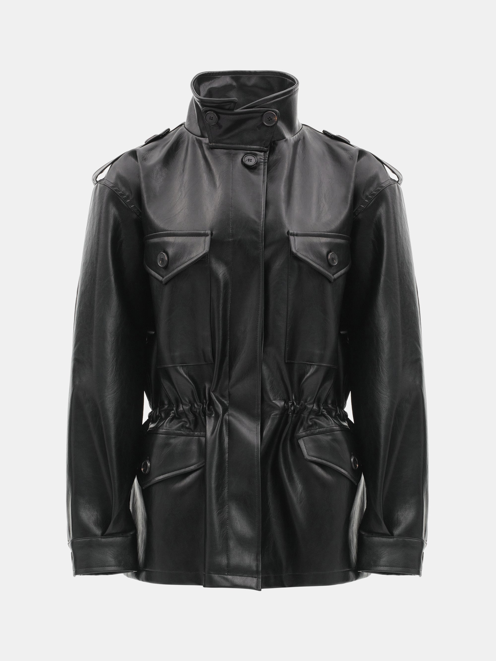 Ferro High-Neck Faux-Leather Field Jacket, Black