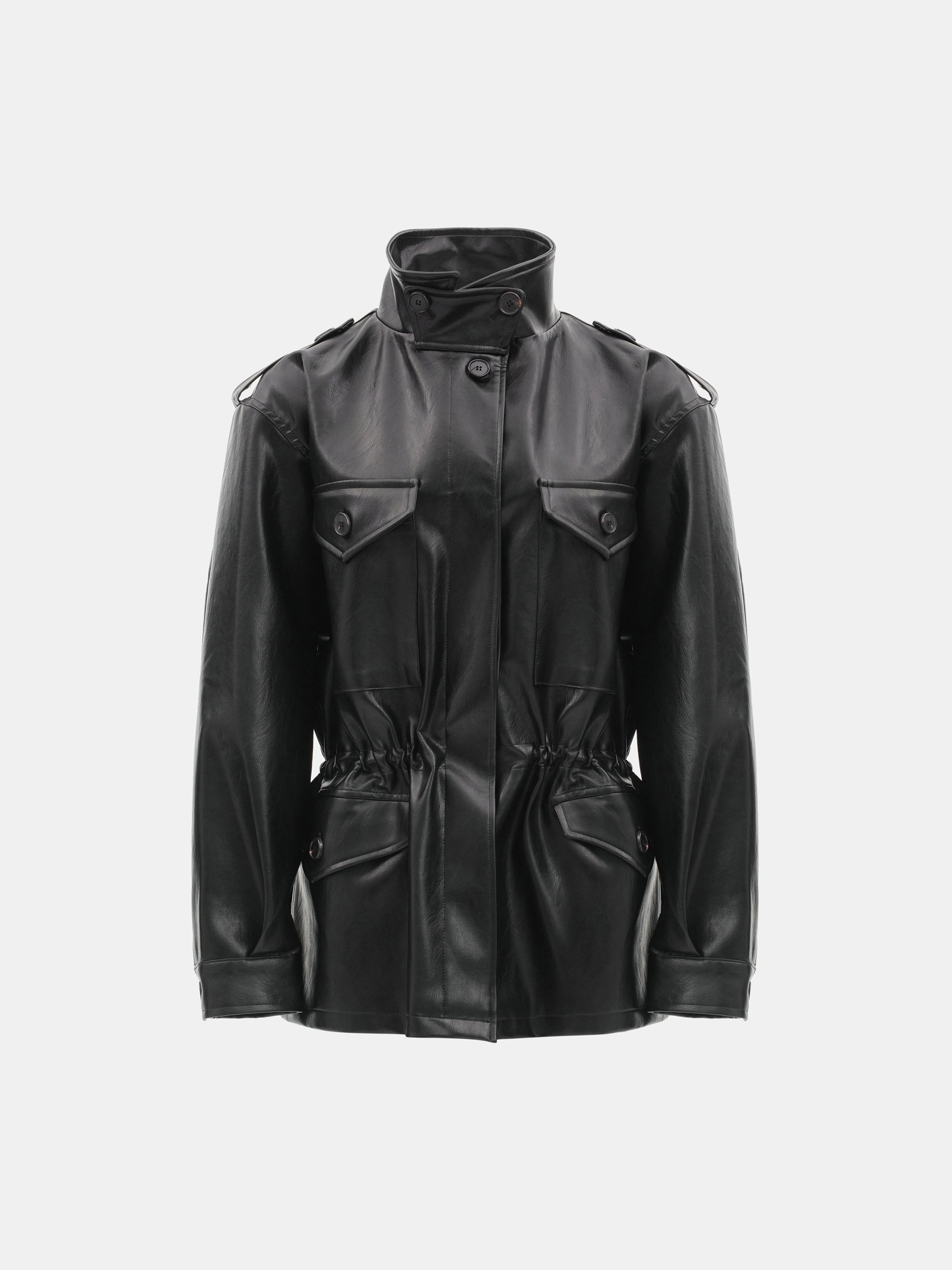 Ferro High-Neck Faux-Leather Field Jacket, Black