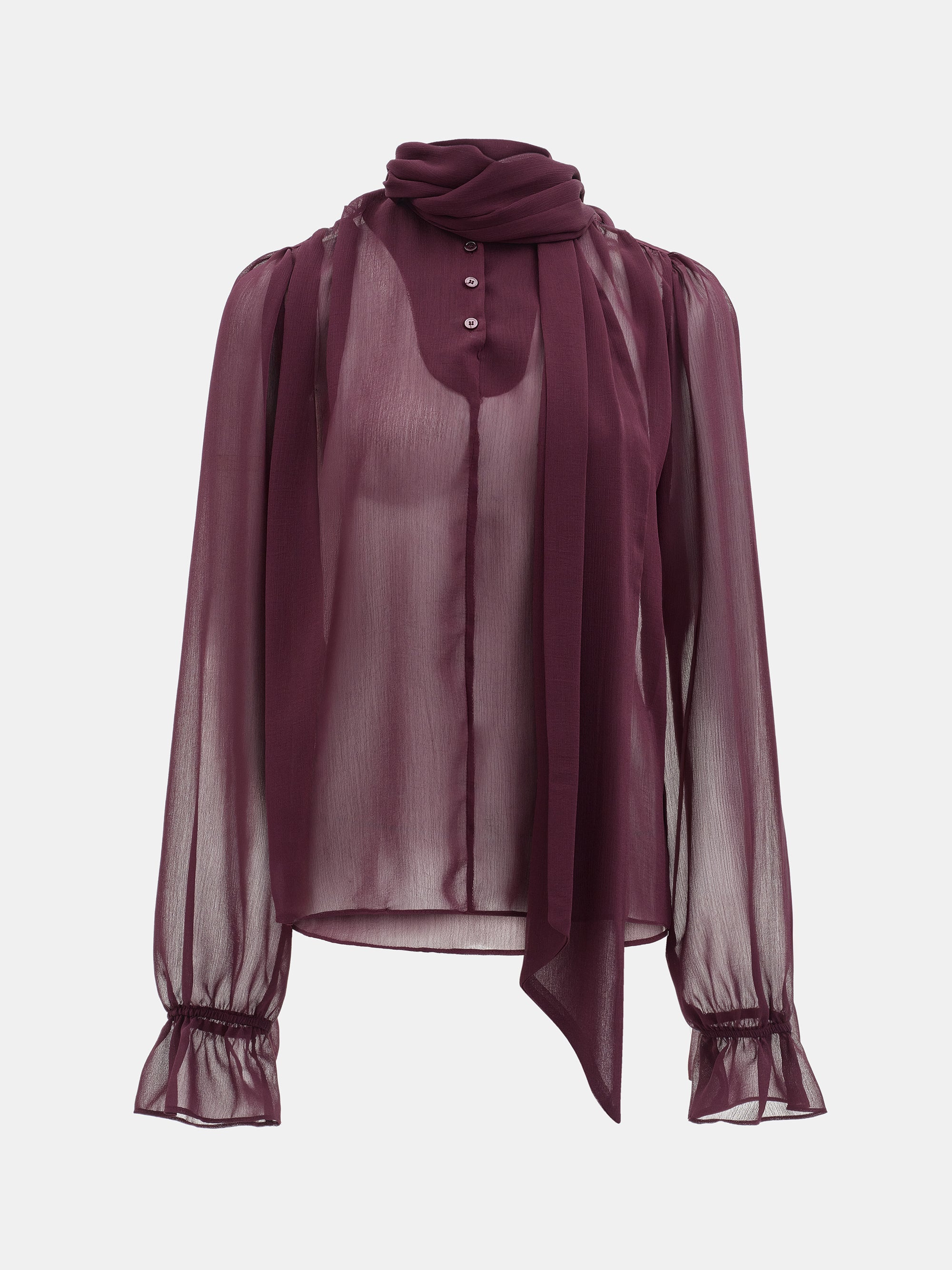 Semi-Sheer Tie Blouse, Wine