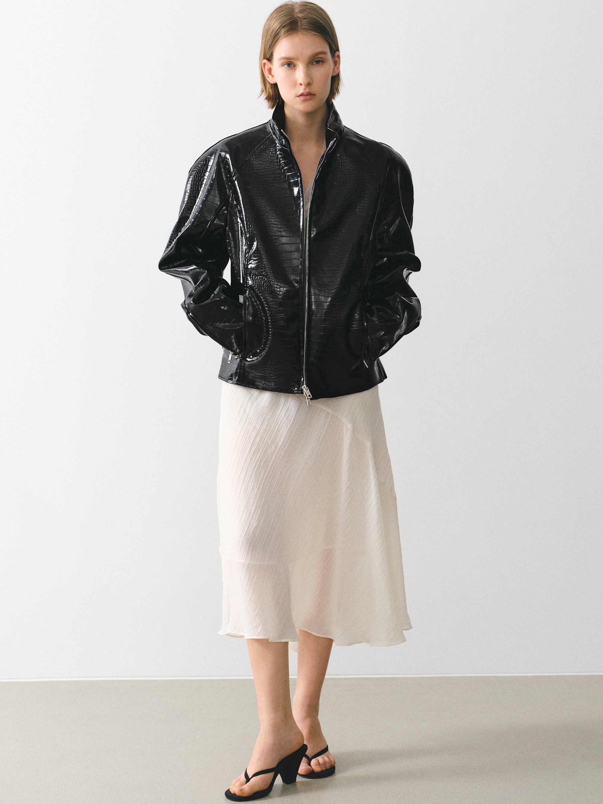 Croc-Embossed Coated Faux-Leather Jacket, Black