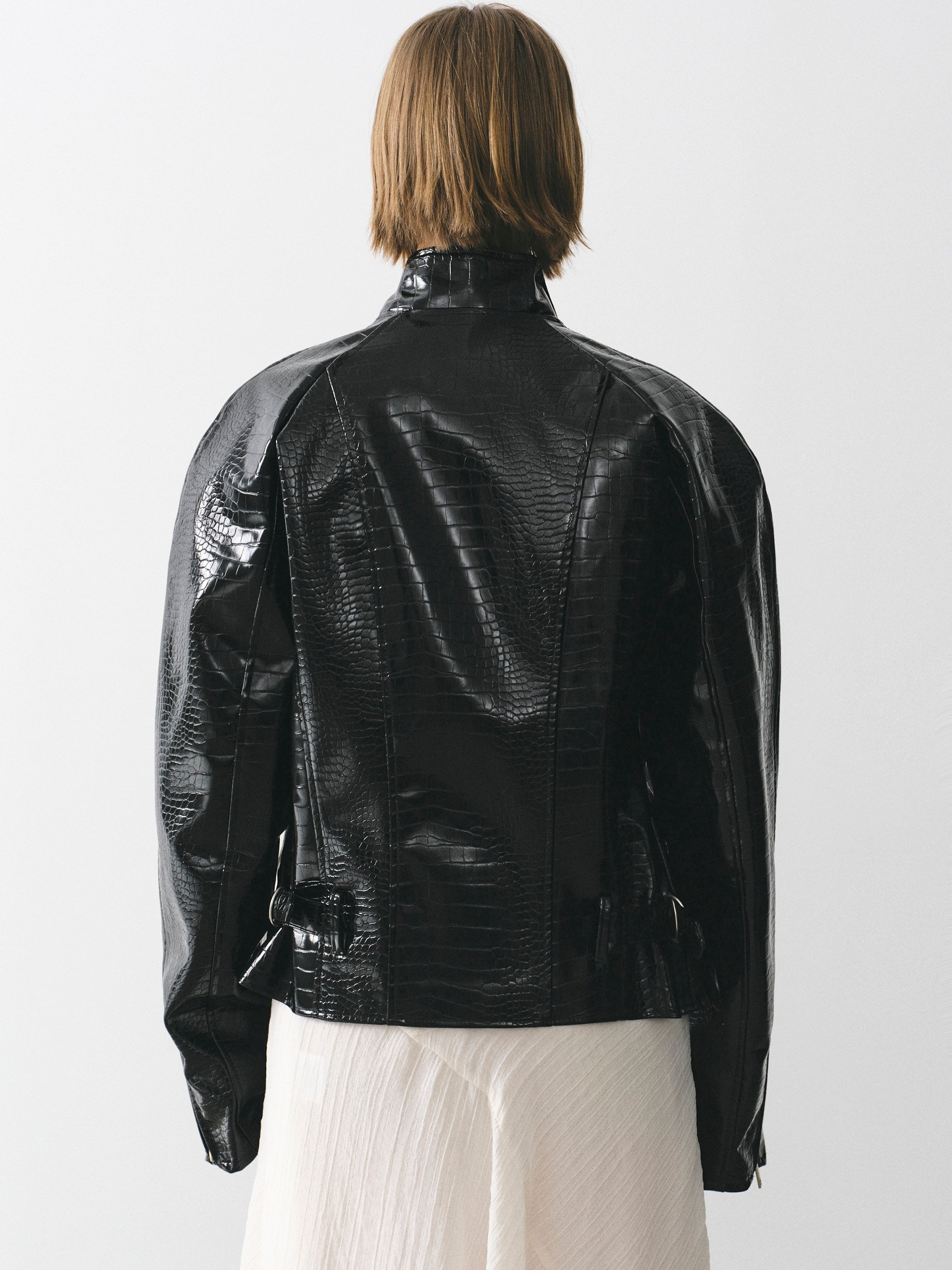 Croc-Embossed Coated Faux-Leather Jacket, Black